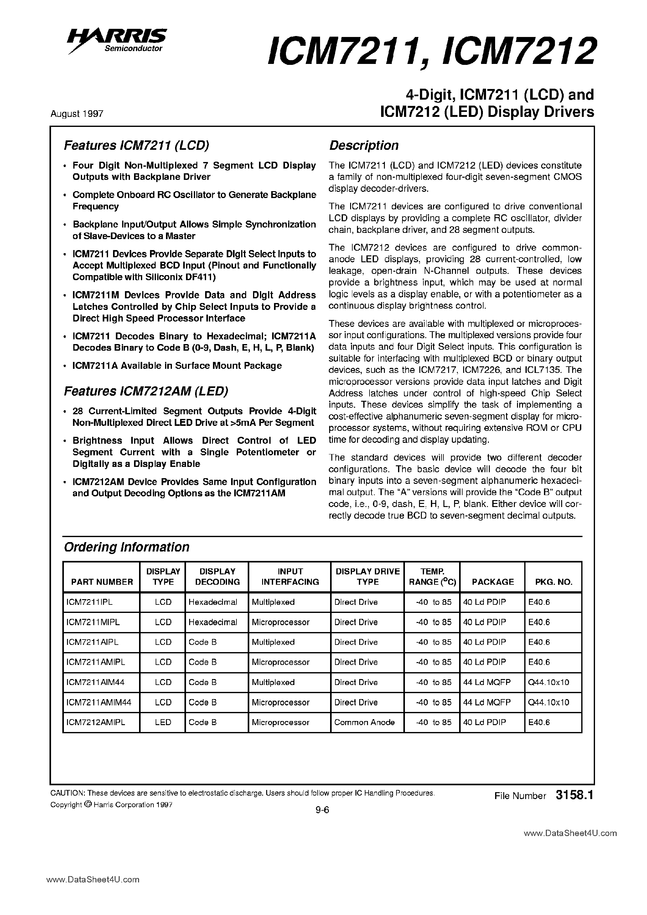 Даташит ICM7211 - (ICM7211 / ICM7212) 4-Digit LCD Display Driver страница 1