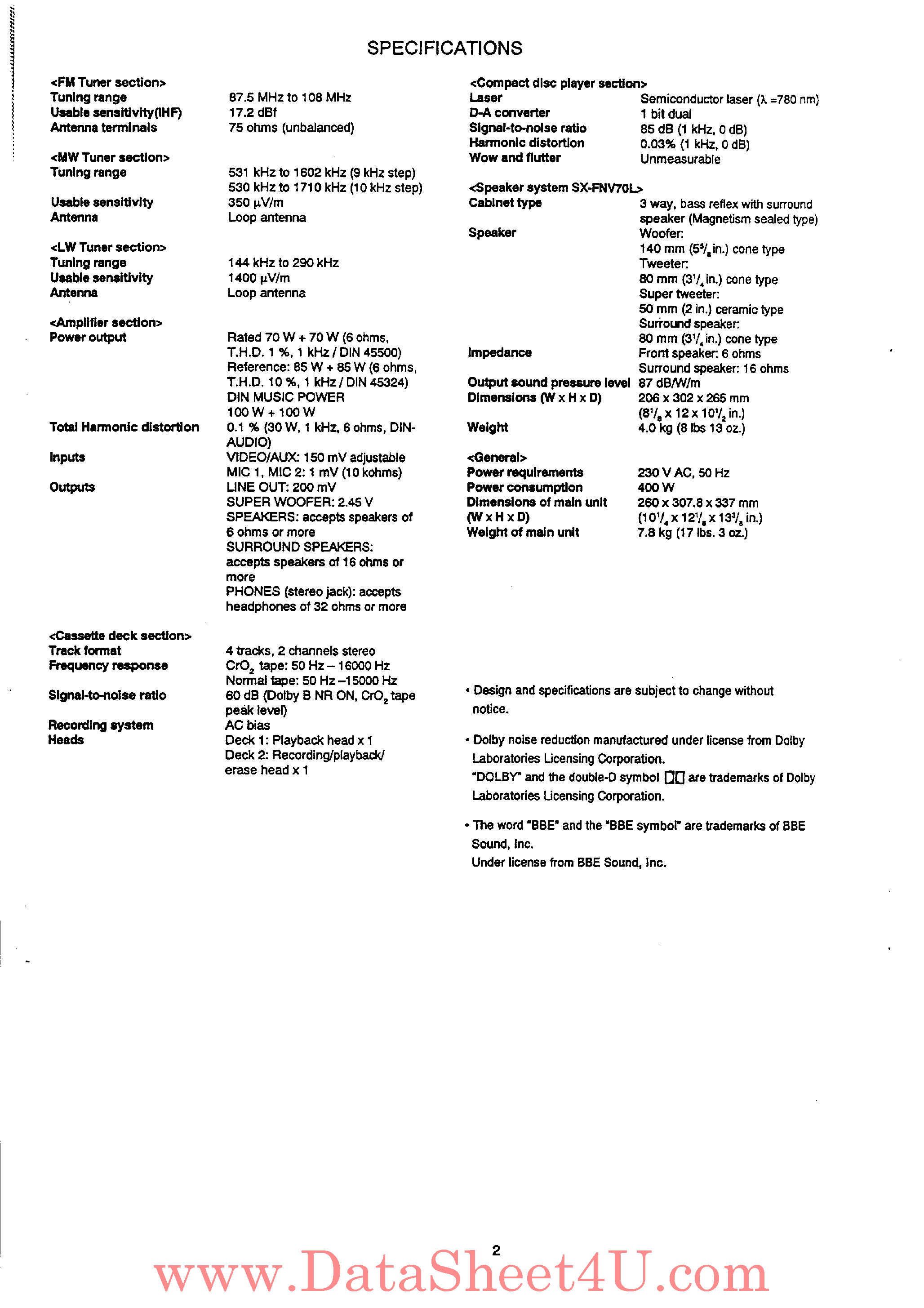 Даташит на микросхему CX-NV70 страница 2 Даташит CX-NV70 - CD Stereo Cassette Receiver страница 2