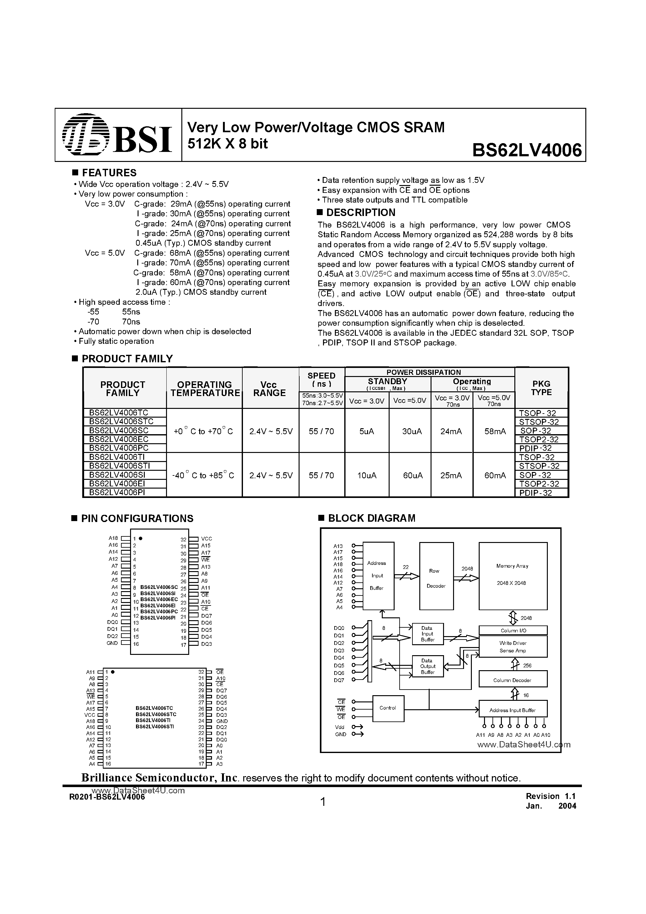 Даташит BS62LV4006 - Very Low Power/Voltage CMOS SRAM 512K X 8 bit страница 1