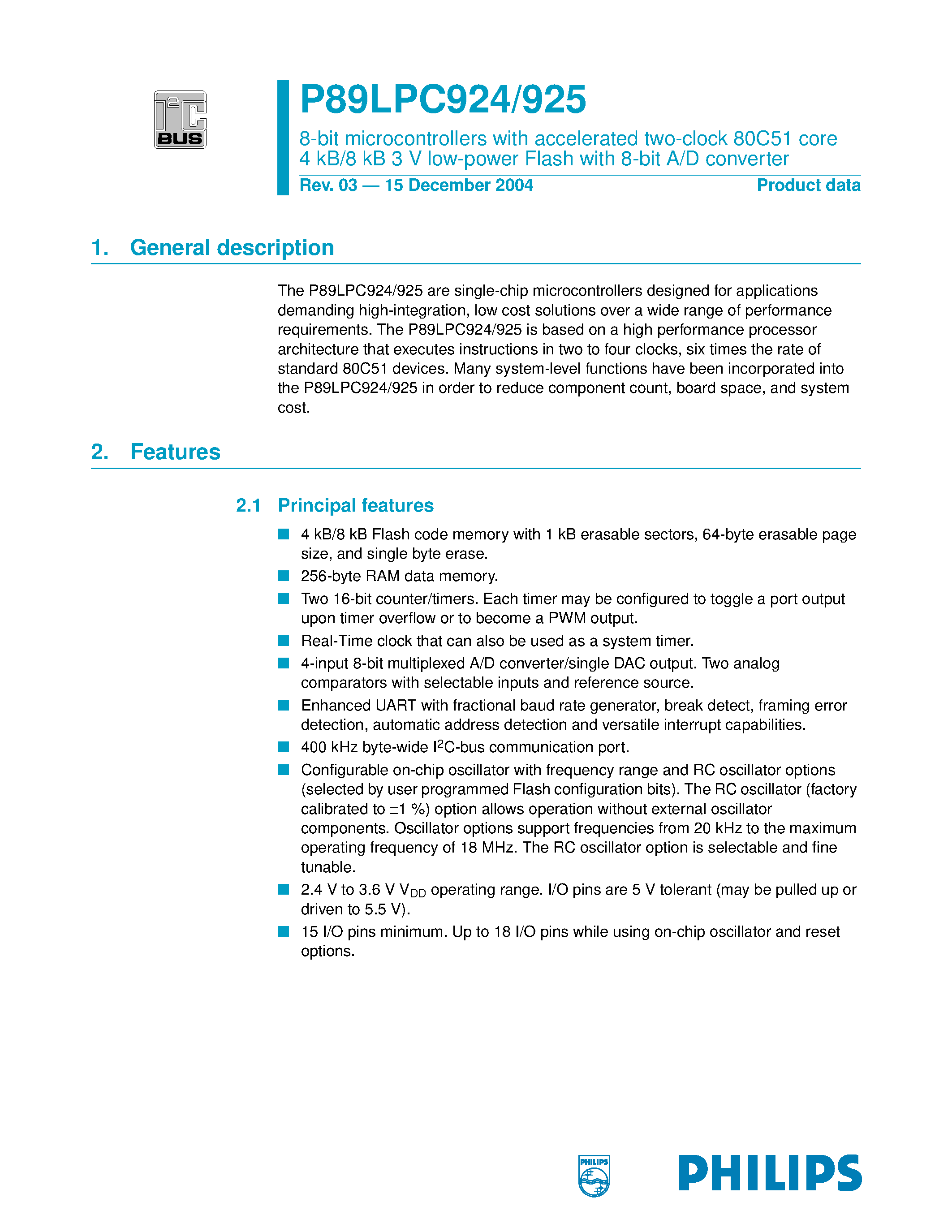 Datasheet P89LPC924 - (P89LPC924 / P89LPC925) 8-bit microcontrollers page 1