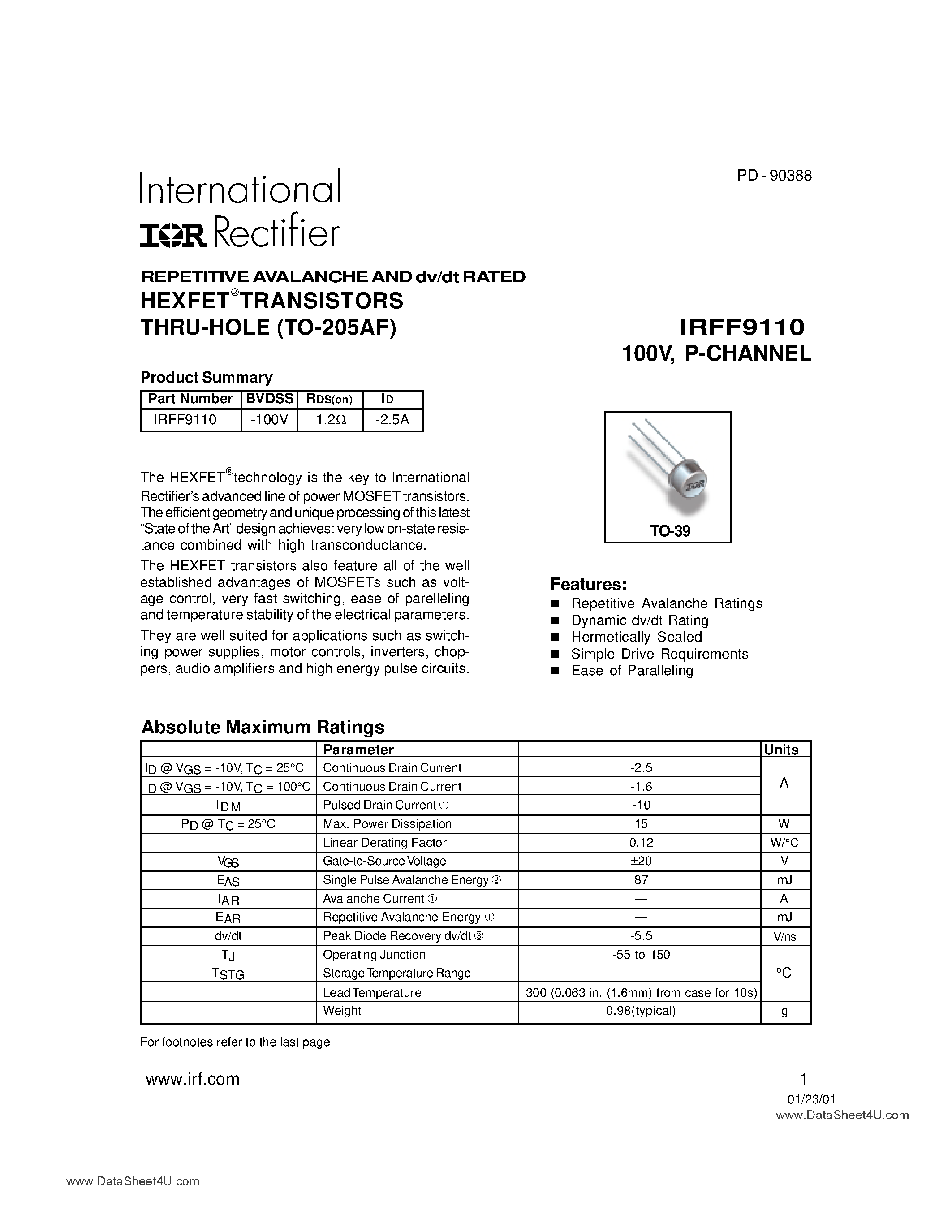 Datasheet IRFF9110 - HEXFET TRANSISTORS THRU-HOLE (TO-205AF) page 1
