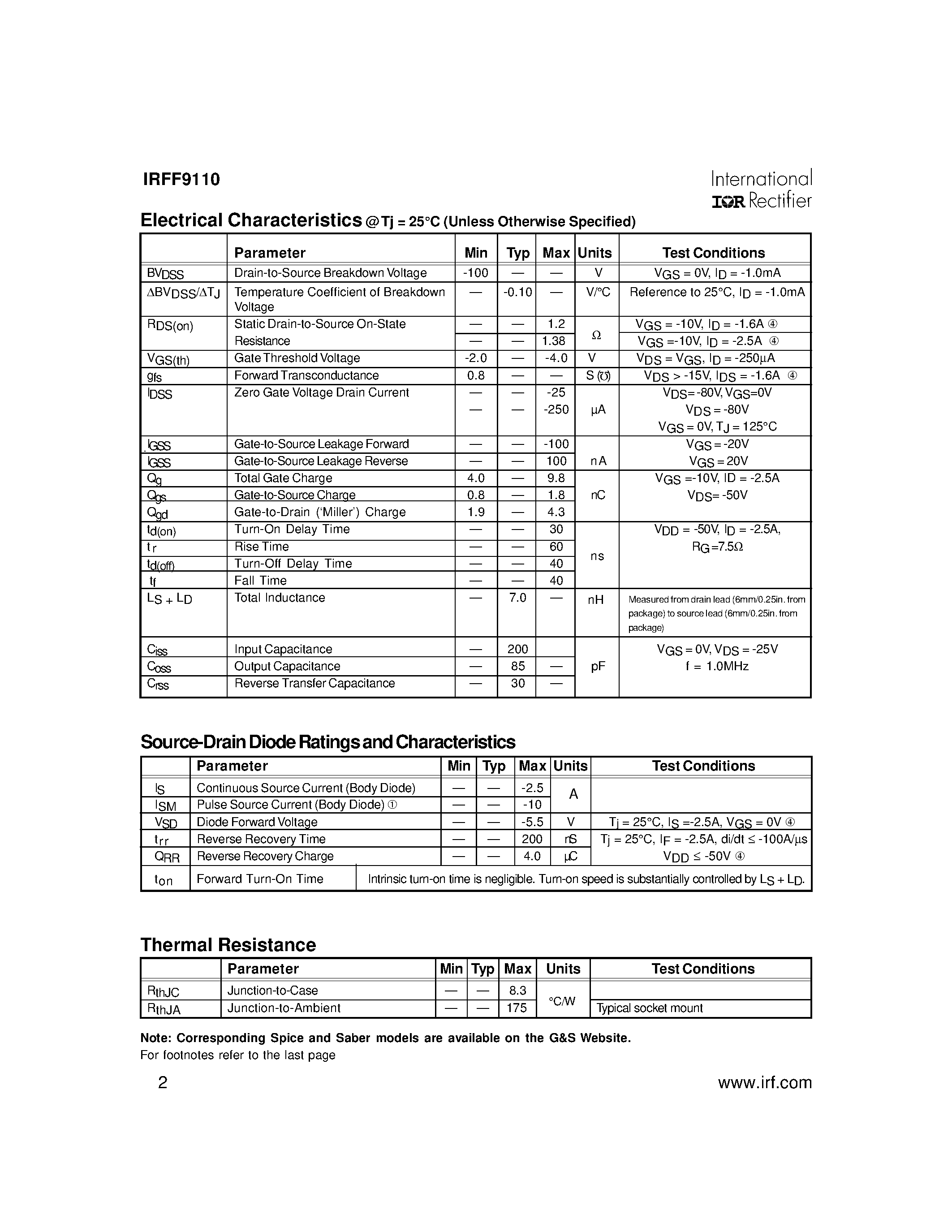 Datasheet IRFF9110 - HEXFET TRANSISTORS THRU-HOLE (TO-205AF) page 2