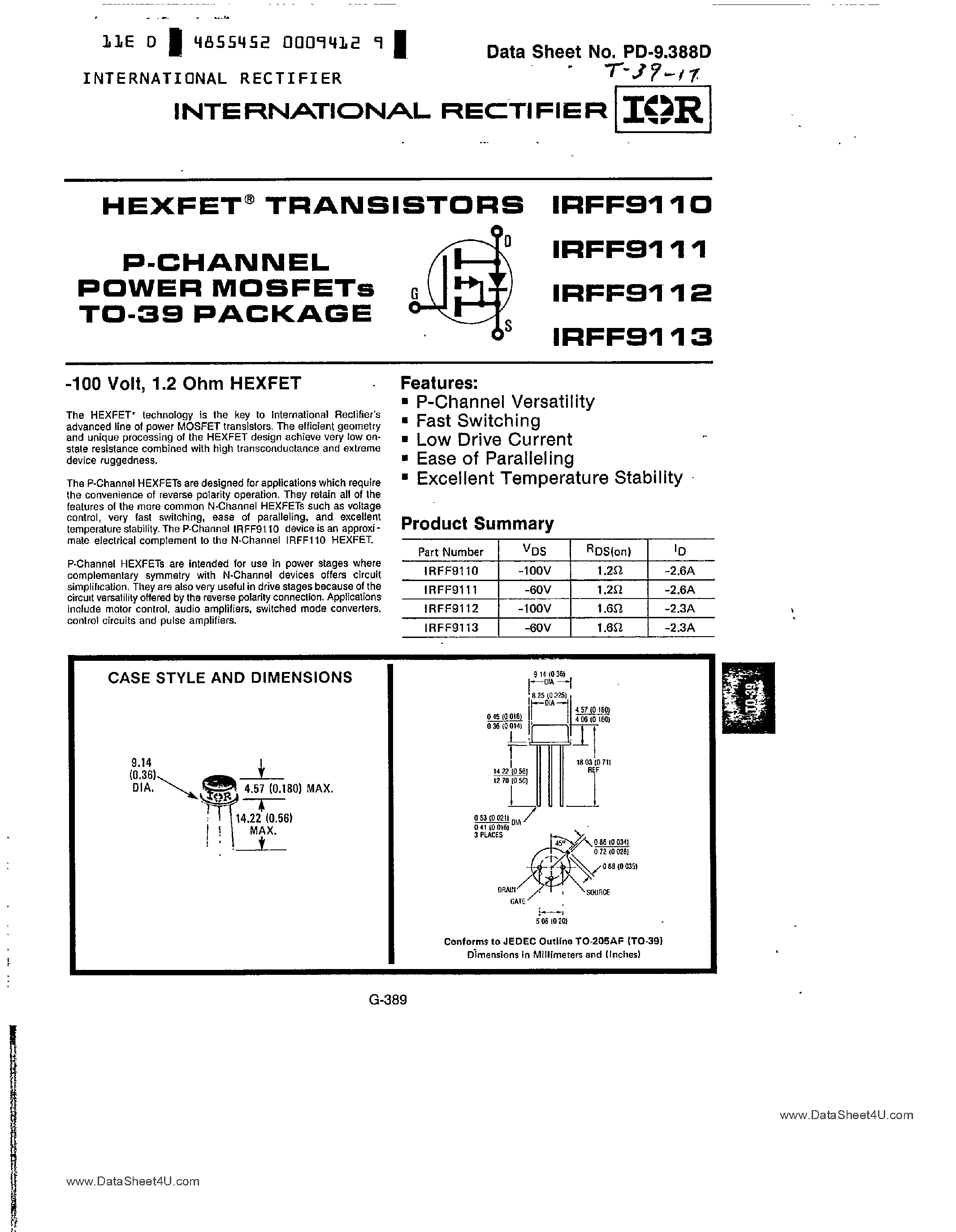 Даташит IRFF9110 - (IRFF9110 - IRFF9113) P-Channel Power MOSFET страница 1