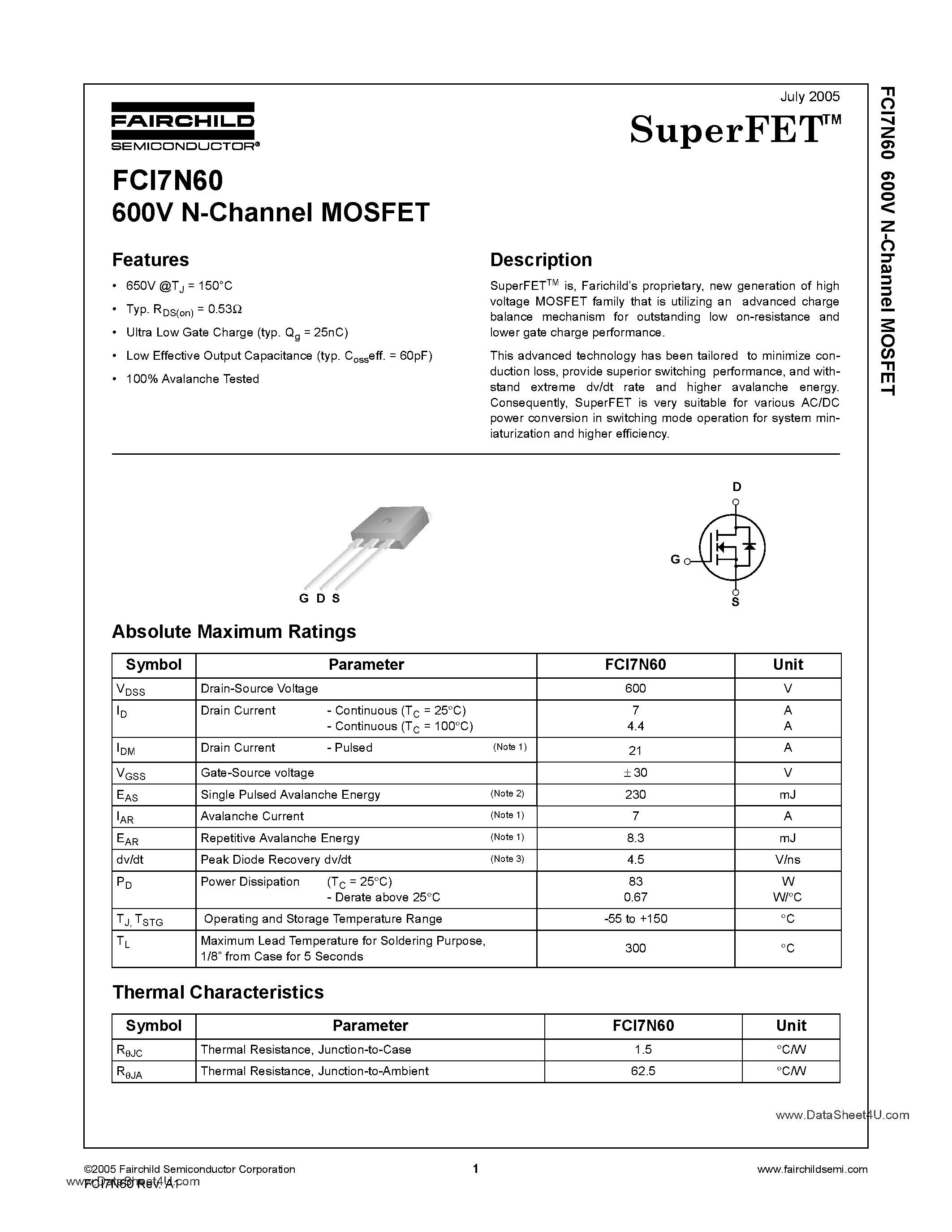 Datasheet FCI7N60 - 600V N-Channel MOSFET page 1