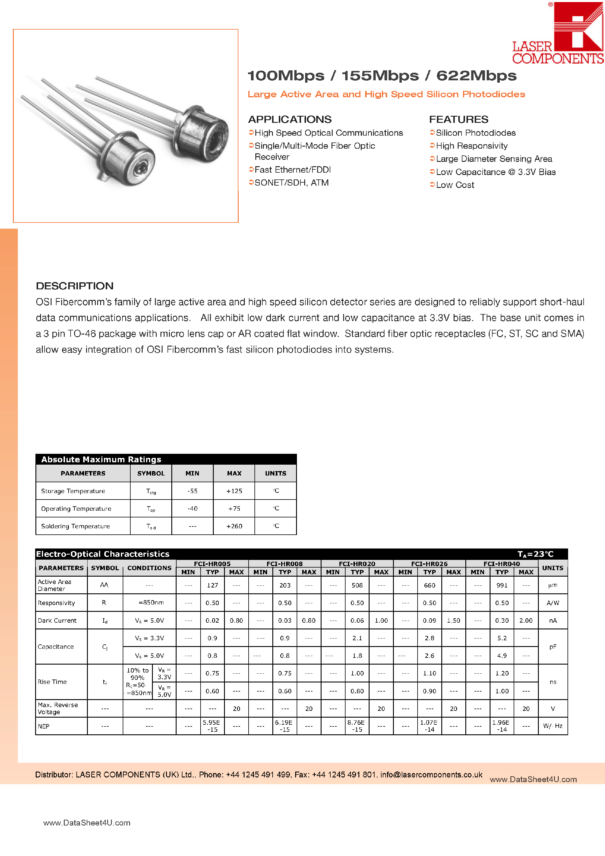 Даташит на микросхему FCI-HR005 страница 1 Даташит FCI-HR005 - (FCI-HR005 - FCI-HR040) Large Active Area and High Speed Silicon Photodiodes страница 1