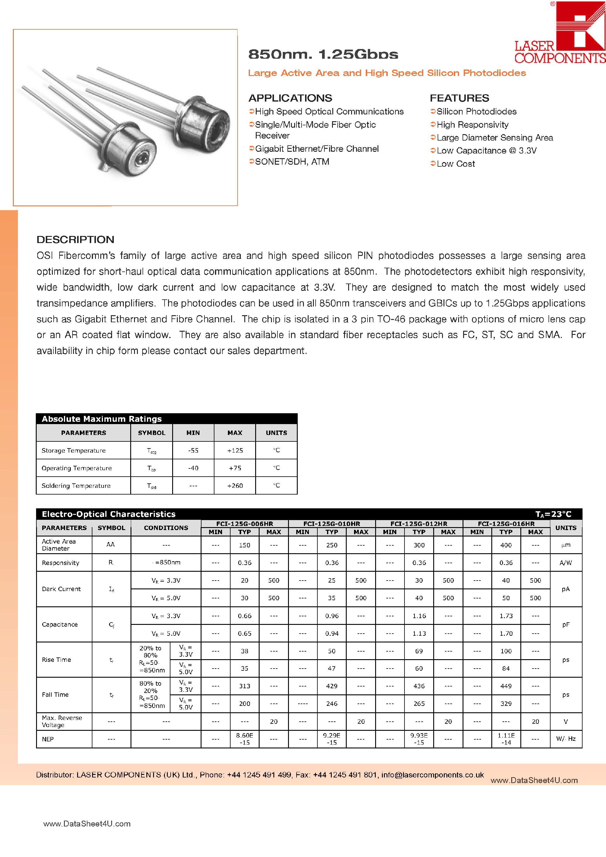 Даташит FCI-125G-xxxHR - Large Active Area and High Speed Silicon Photodiodes страница 1