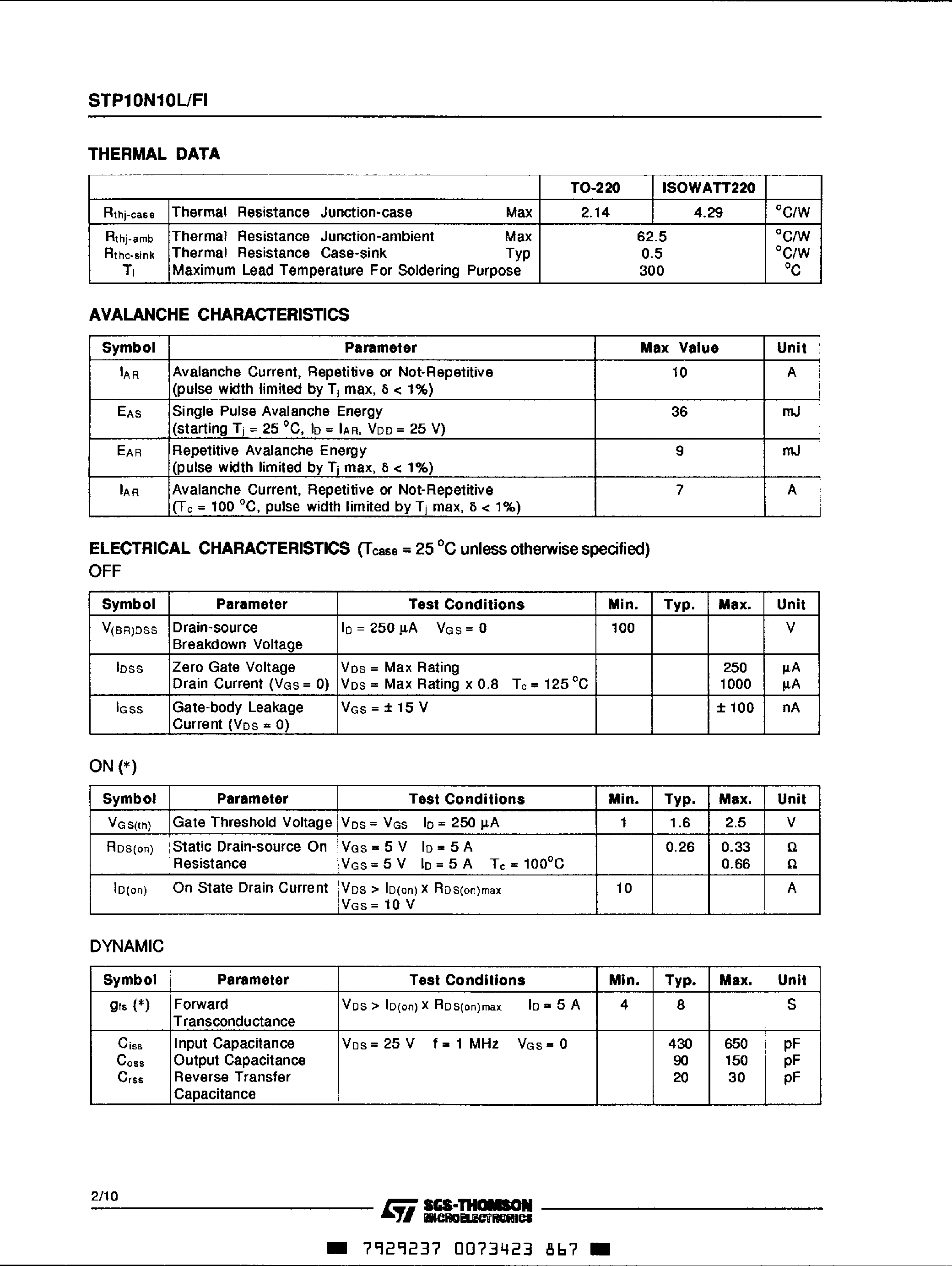 Даташит на микросхему STP10N10L страница 2 Даташит STP10N10L - N-Channel Enhancement Mode Low Threshold Power MOS Transistor страница 2