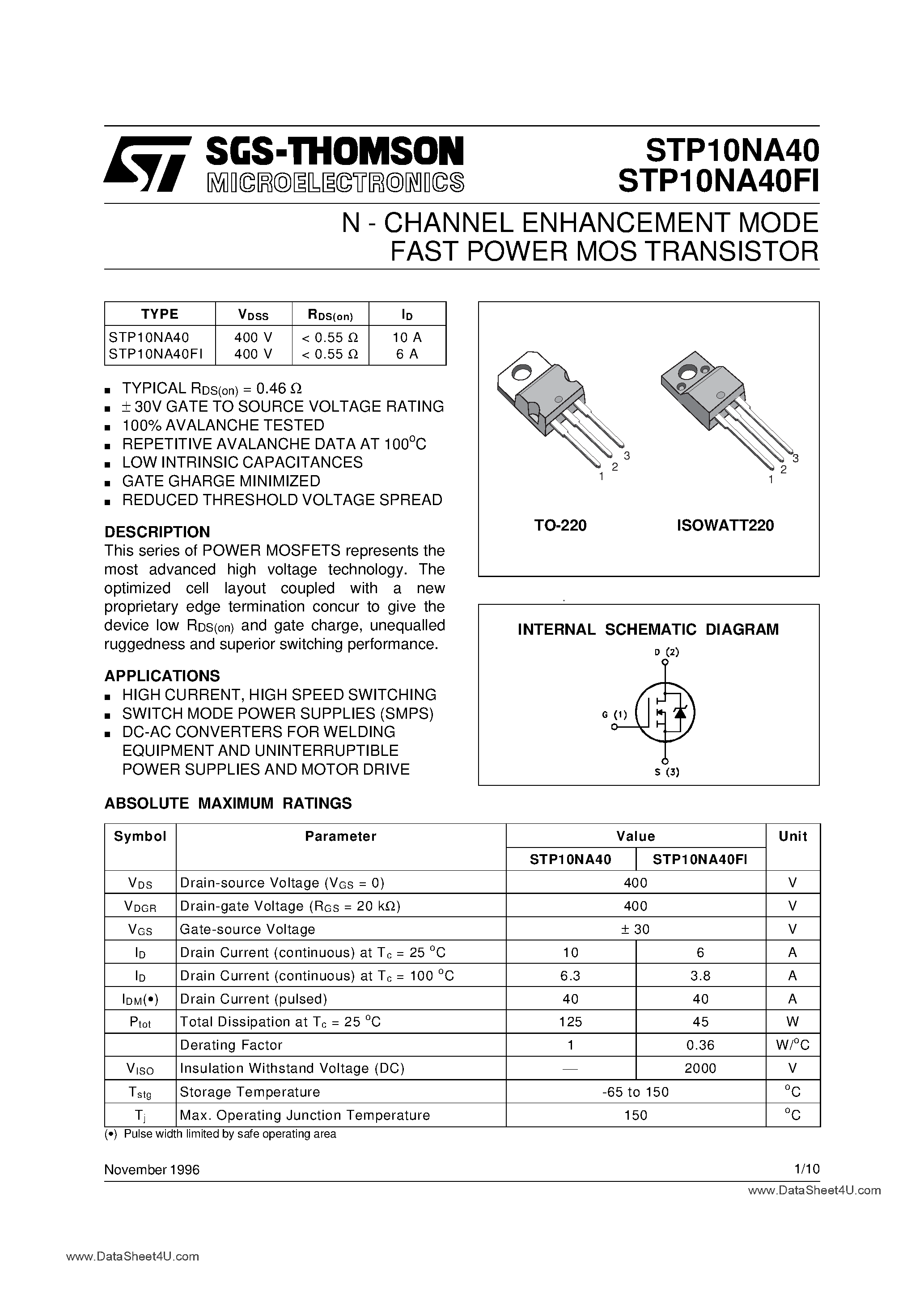 Даташит STP10NA40 - N - CHANNEL ENHANCEMENT MODE FAST POWER MOS TRANSISTOR страница 1