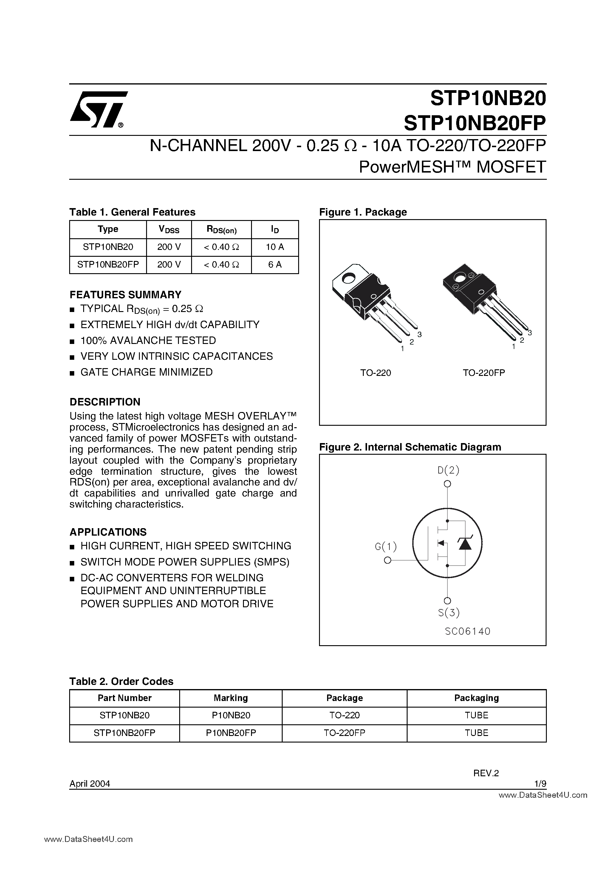 Даташит на микросхему STP10NB20 страница 1 Даташит STP10NB20 - N - CHANNEL ENHANCEMENT MODE PowerMESH MOSFET страница 1