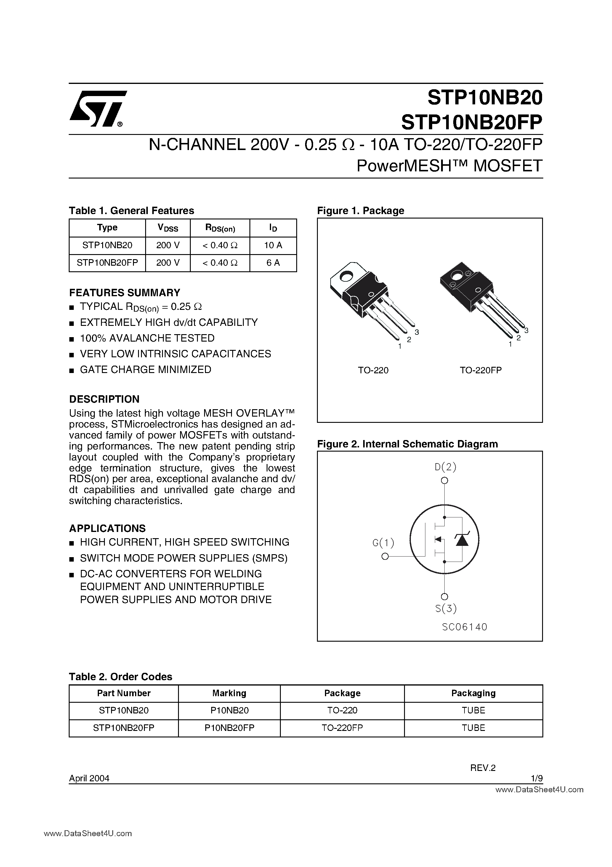 Даташит STP10NB20 - N - CHANNEL ENHANCEMENT MODE PowerMESH MOSFET страница 1