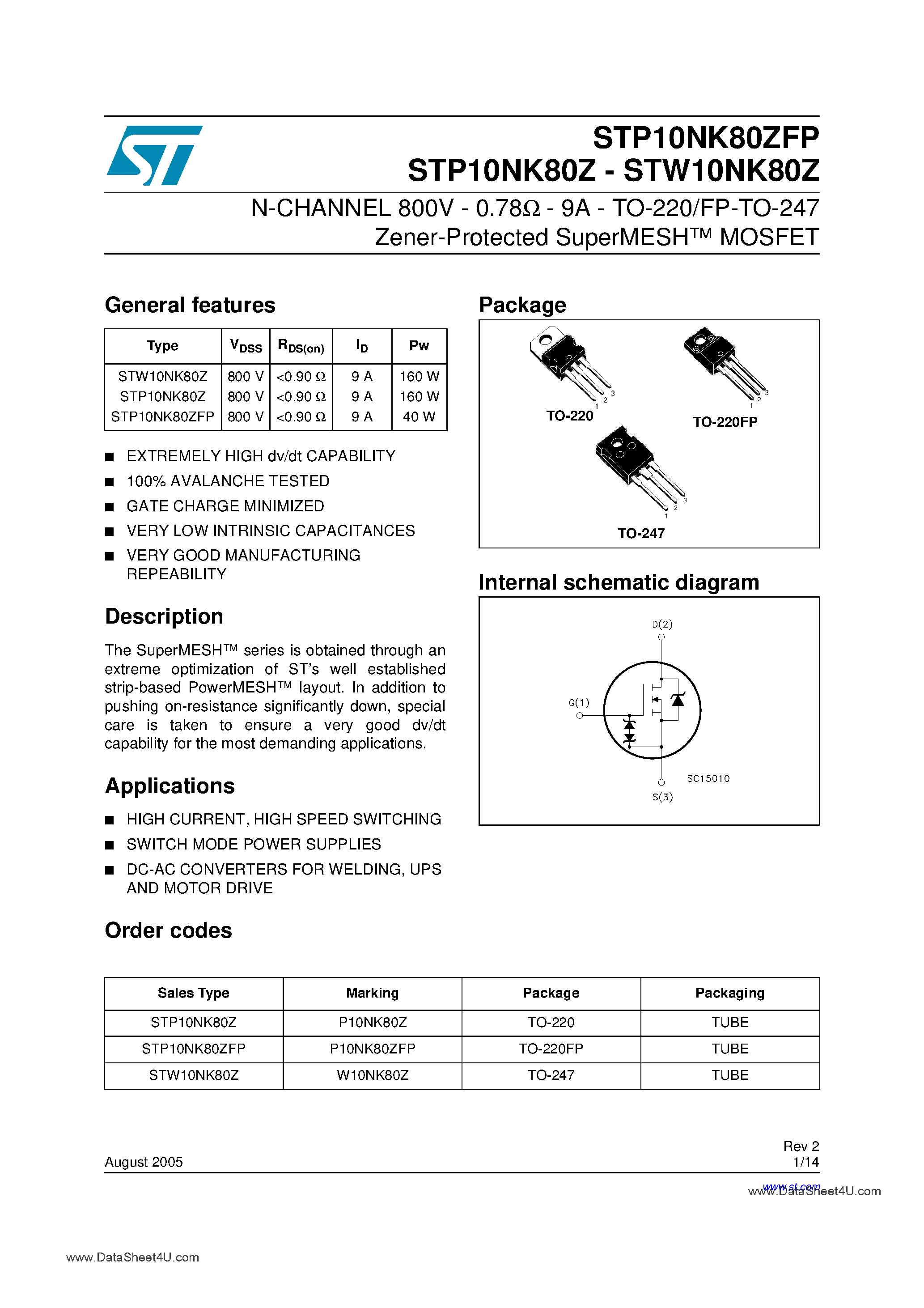 Datasheet STP10NK80Z page 1 Datasheet STP10NK80Z - N-CHANNEL Power MOSFET page 1