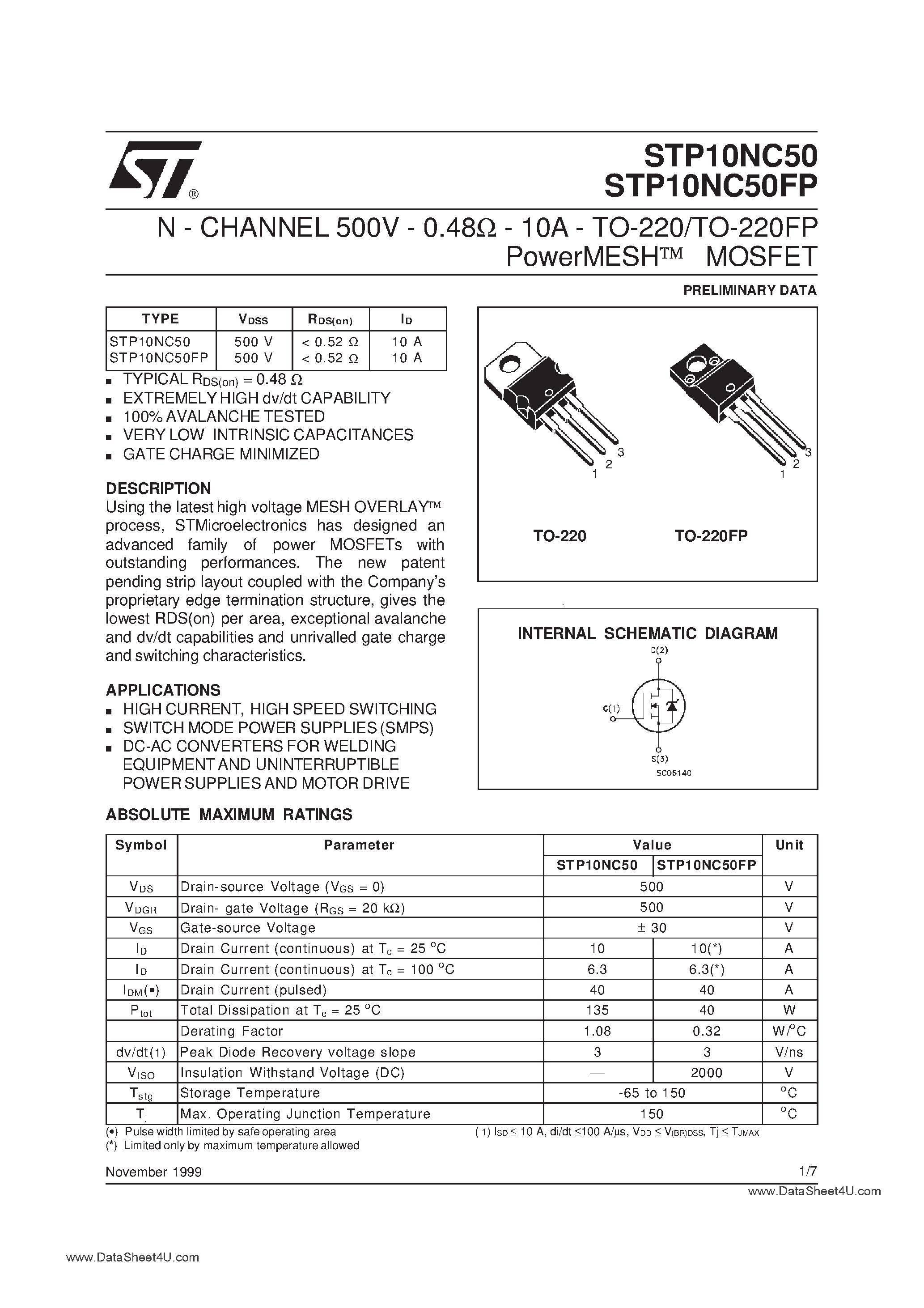 Даташит STP10NC50 - N-CHANNEL Power MOSFET страница 1