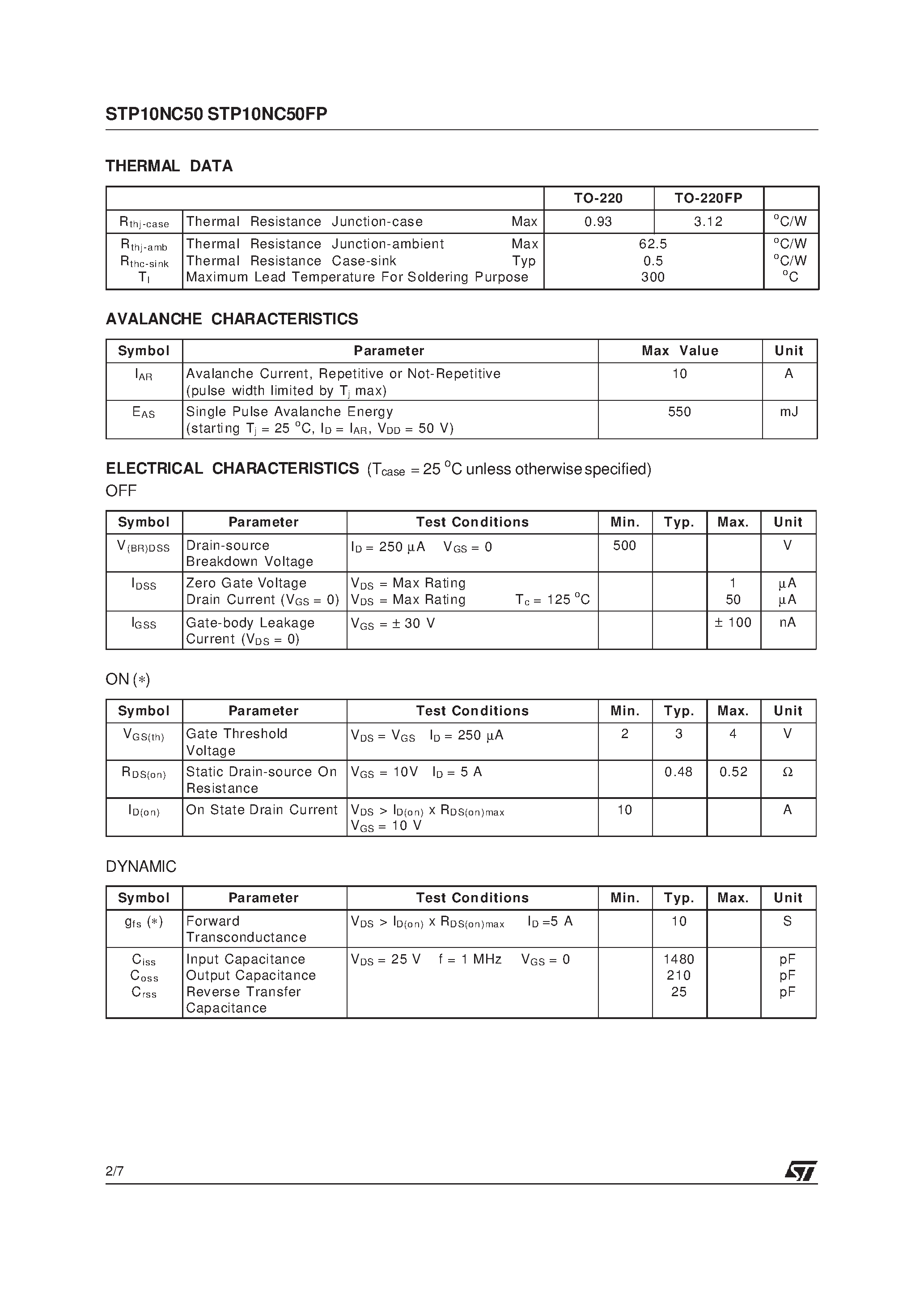 Datasheet STP10NC50 - N-CHANNEL Power MOSFET page 2