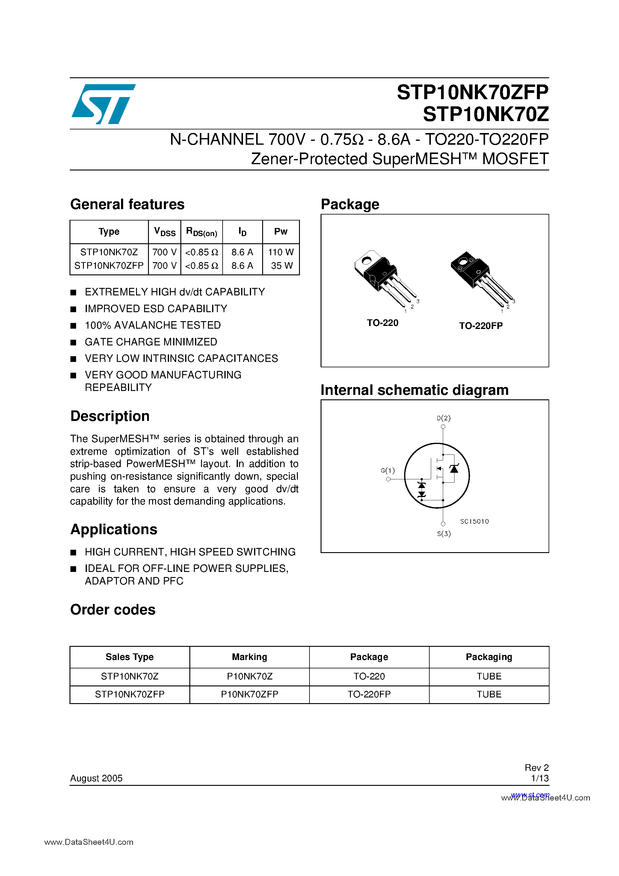 Datasheet STP10NK70Z page 1 Datasheet STP10NK70Z - N-CHANNEL Power MOSFET page 1