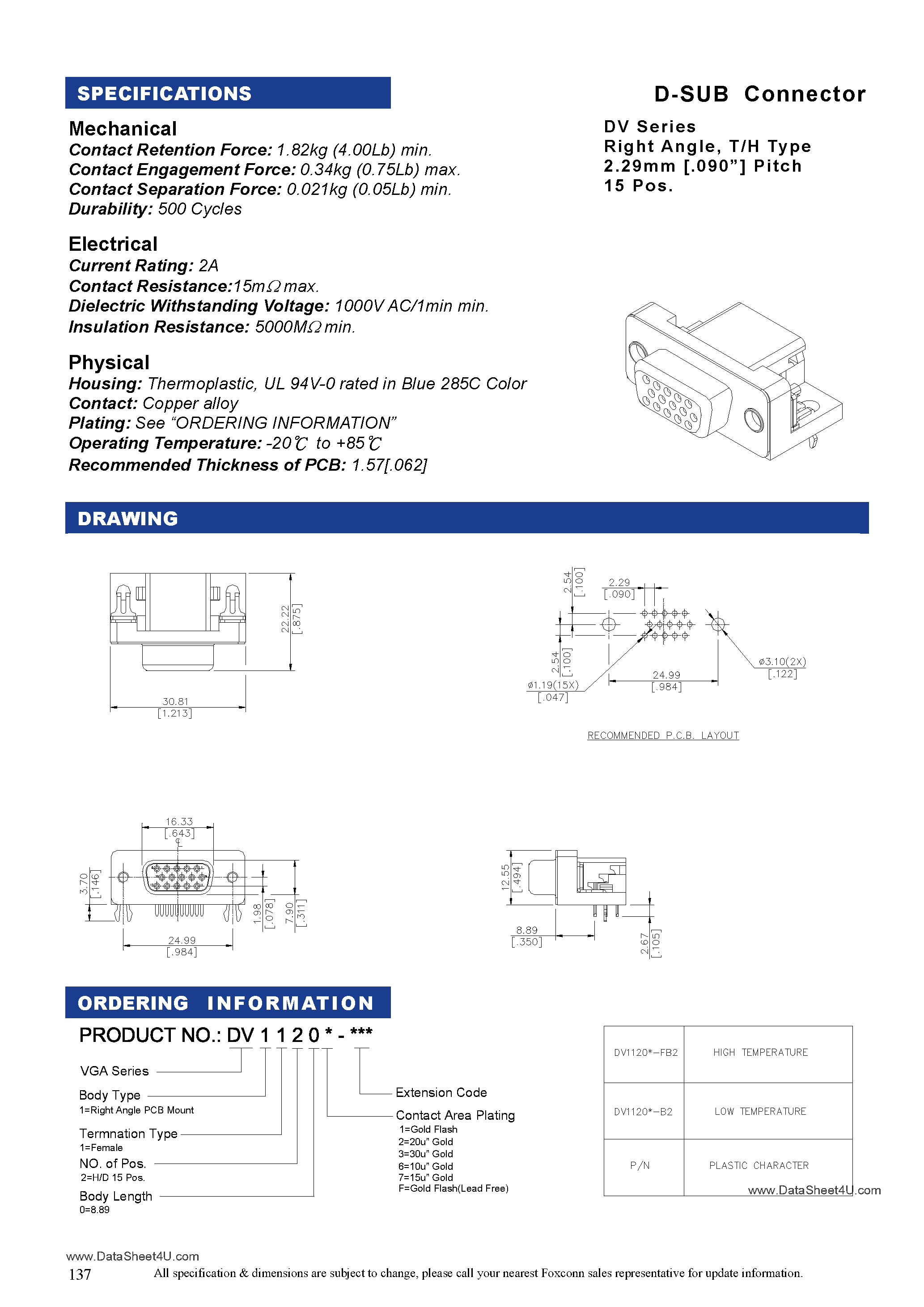 Datasheet DV11202-xxx - (DV Series) D-Sub Sonnector page 1