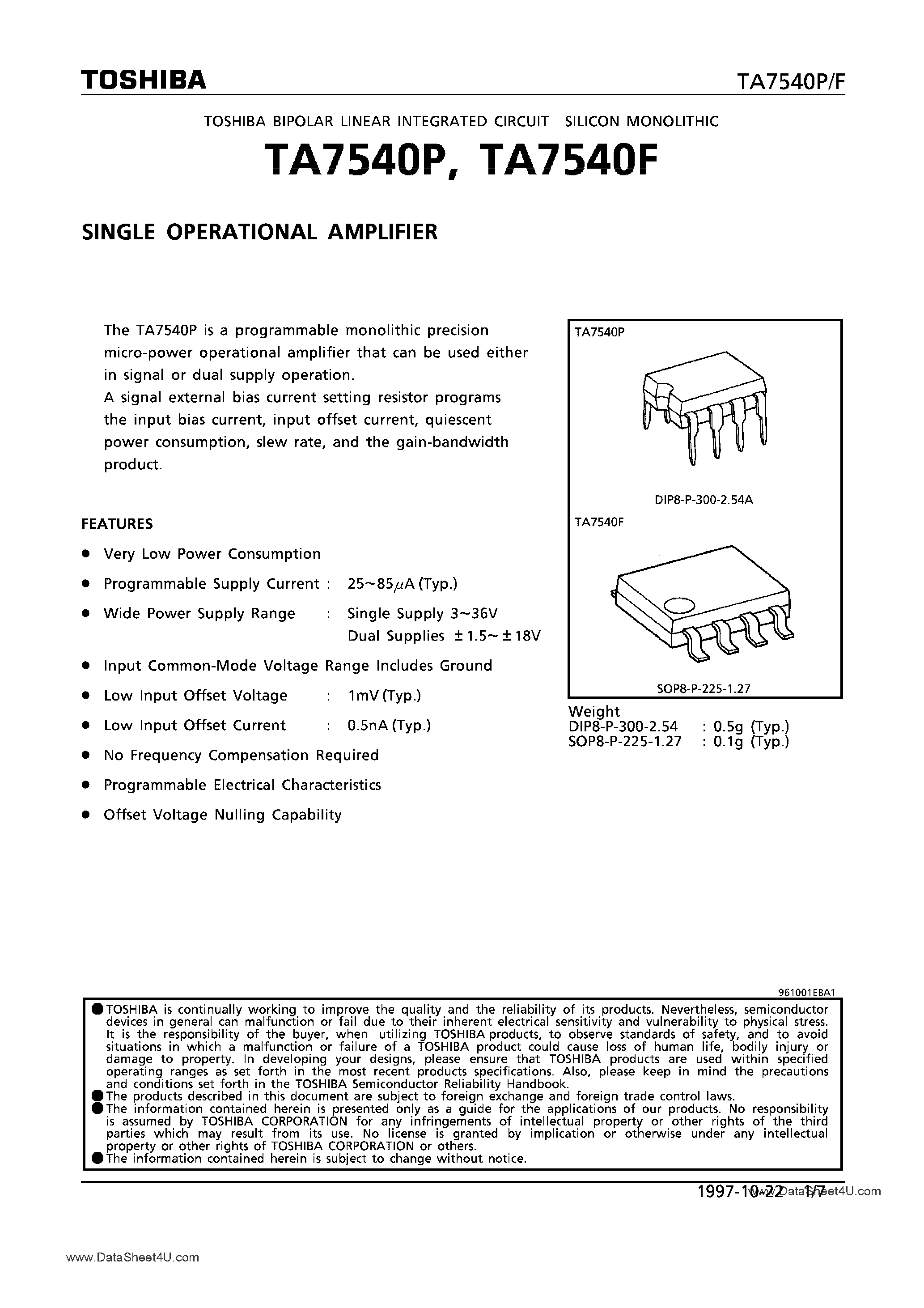Datasheet TA7540F - (TA7540F/P) SINGLE OPERATIONAL AMPLIFIER page 1