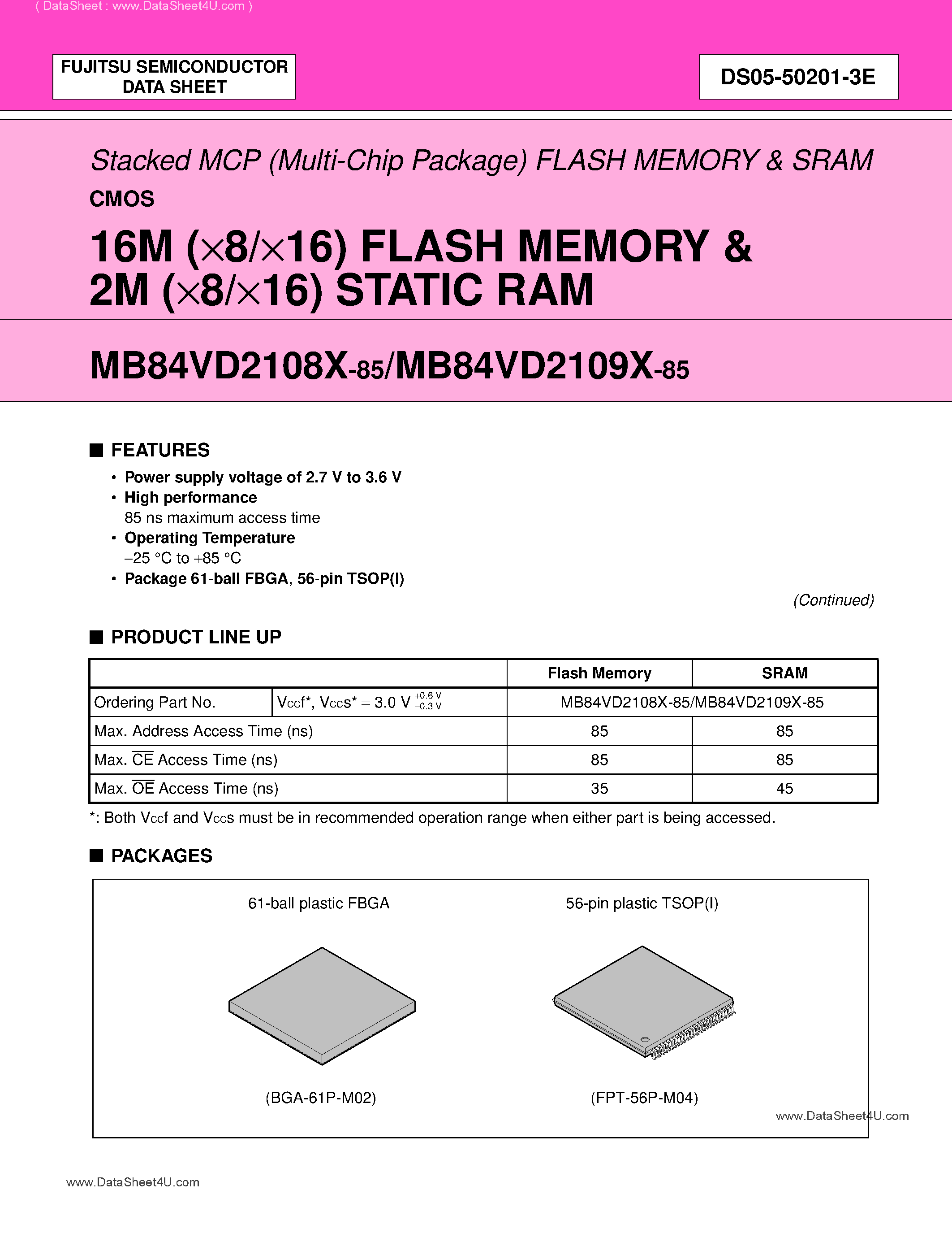 Даташит на микросхему MB84VD2108x страница 1 Даташит MB84VD2108x - (MB84VD2108x / MB84VD2109x) 16M (x8/x16) FLASH MEMORY & 2M (x8/x16) STATIC RAM страница 1