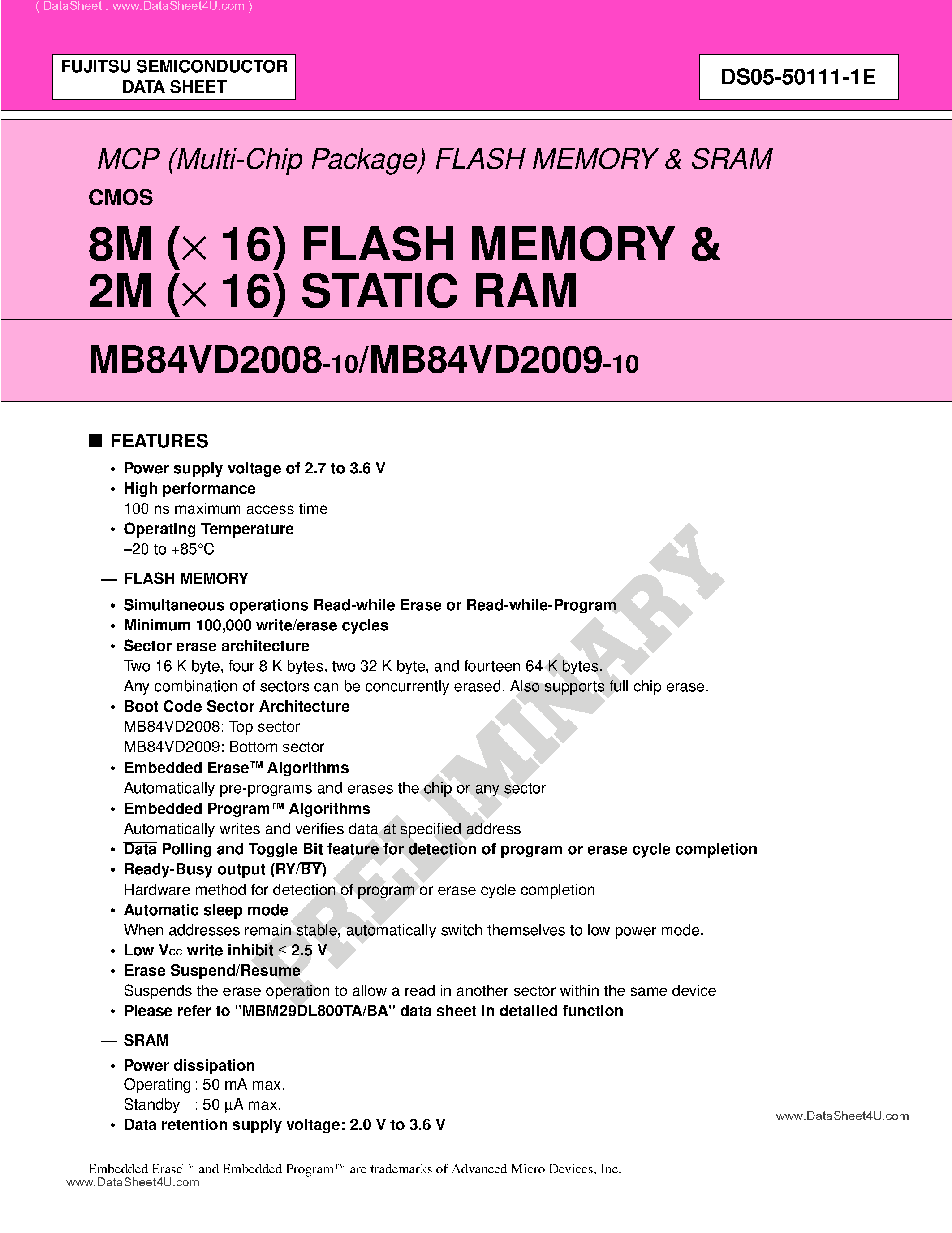 Datasheet MB84VD2008 - (MB84VD2008 / MB84VD2009) 8M (x 16) FLASH MEMORY & 2M (x 16) STATIC RAM page 1