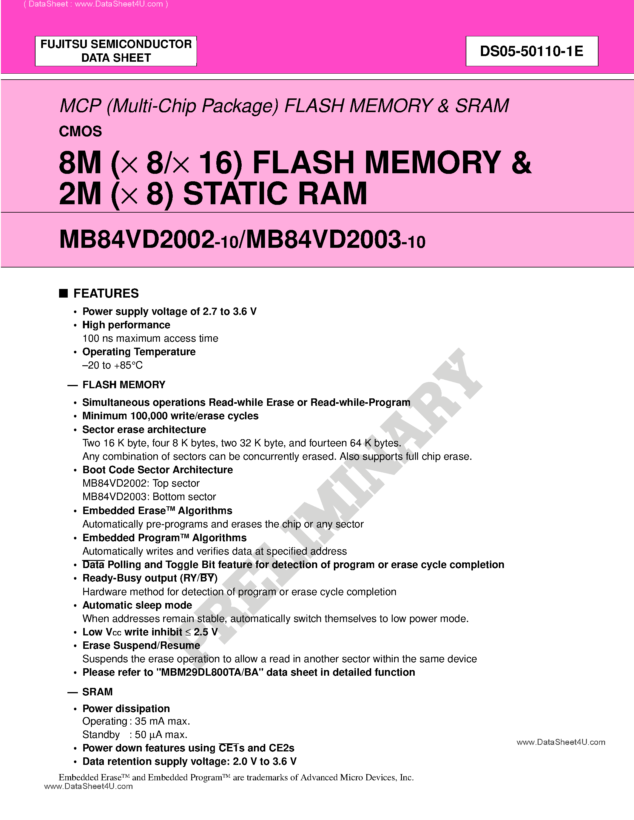 Datasheet MB84VD2002 - (MB84VD2002 / MB84VD2003) 8M (x 8/x 16) FLASH MEMORY & 2M (x 8) STATIC RAM page 1