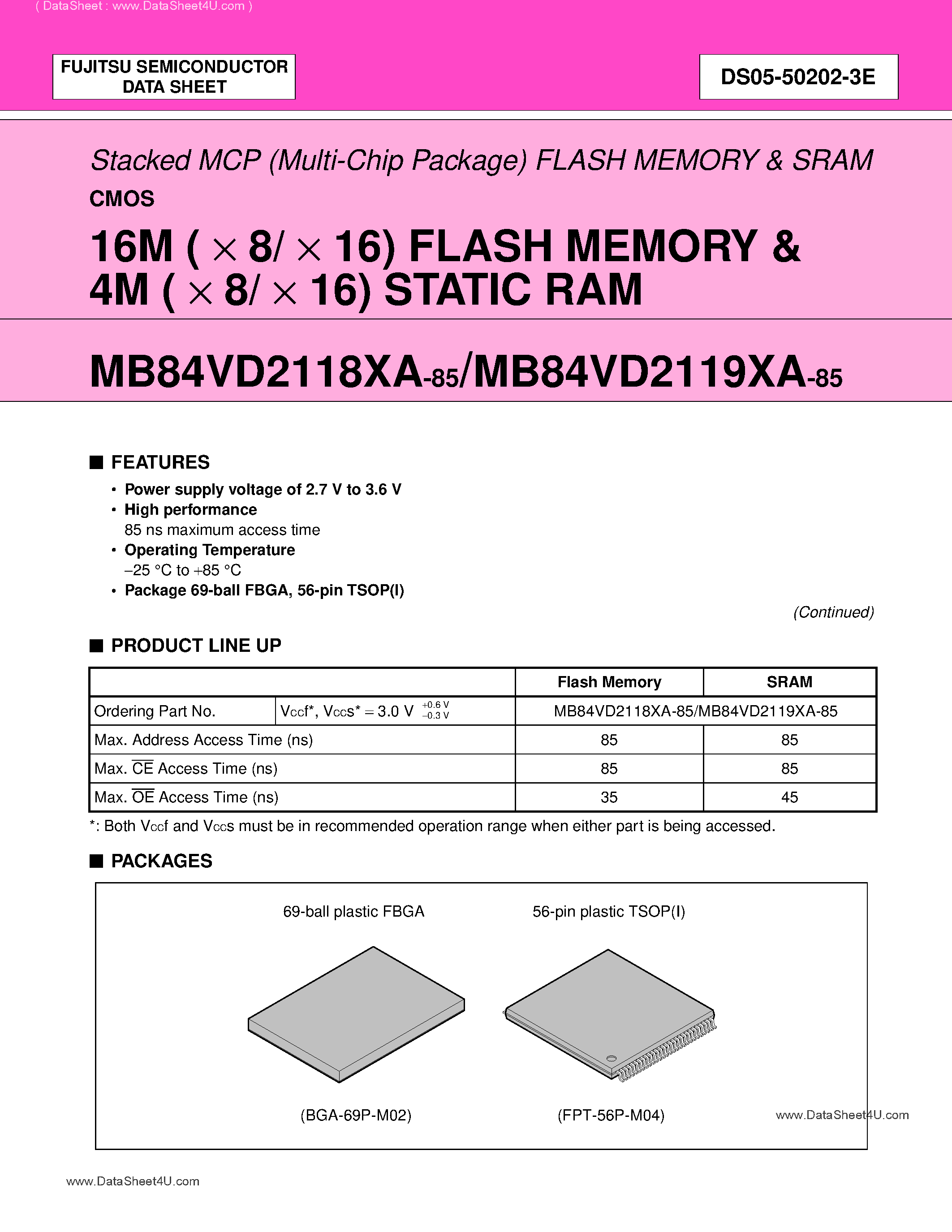Даташит на микросхему MB84VD2118xA страница 1 Даташит MB84VD2118xA - (MB84VD2118xA / MB84VD2119xA) 16M ( x 8/ x 16) FLASH MEMORY & 4M ( x 8/ x 16) STATIC RAM страница 1