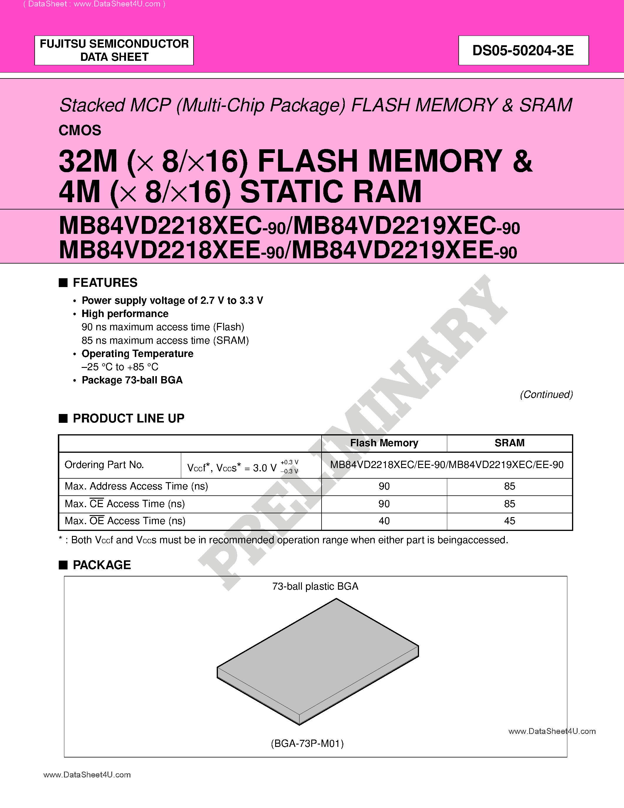 Datasheet MB84VD2218xEC - (MB84VD2218xEC/EE / MB84VD2219xEC/EE) 32M (x 8/x16) FLASH MEMORY & 4M (x 8/x16) STATIC RAM page 1