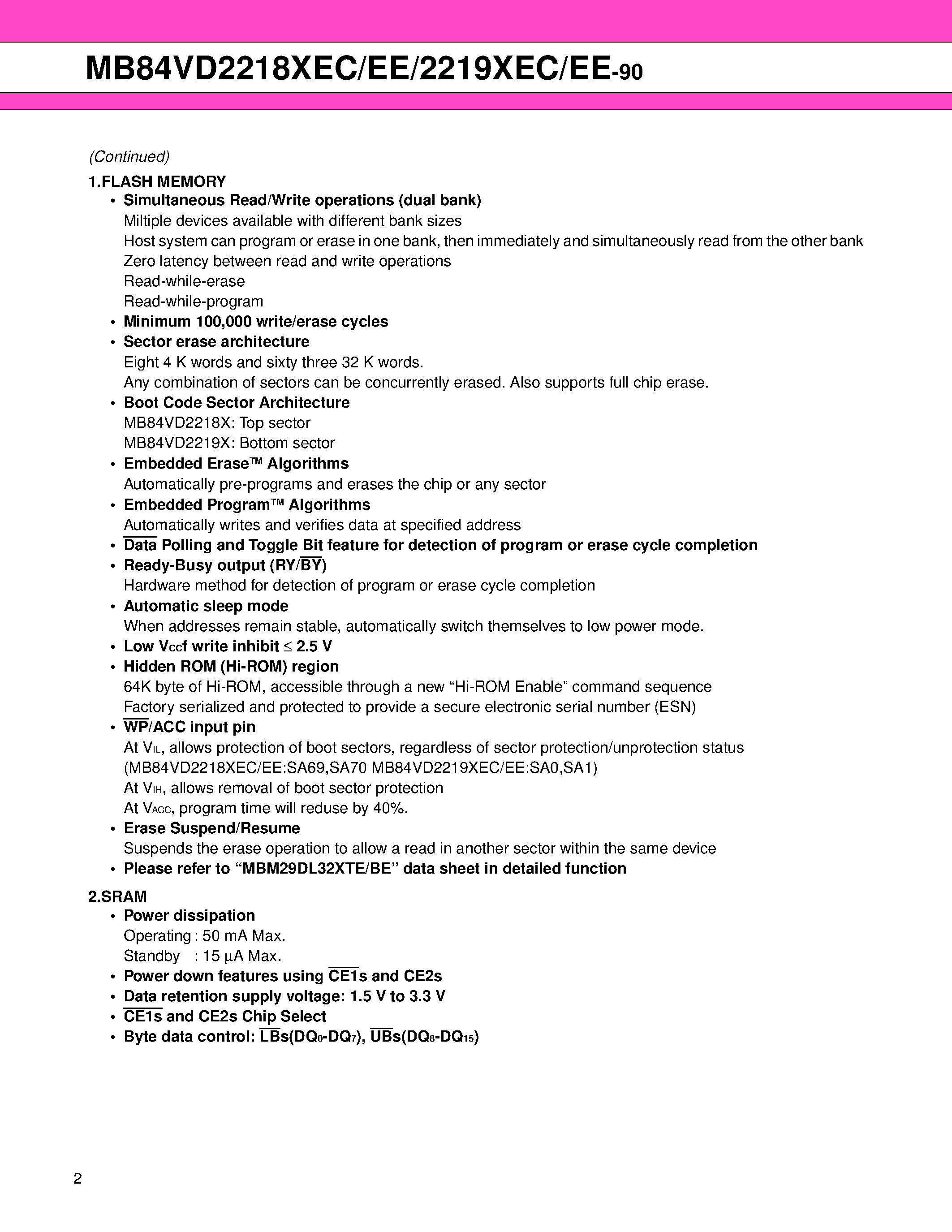 Datasheet MB84VD2218xEC - (MB84VD2218xEC/EE / MB84VD2219xEC/EE) 32M (x 8/x16) FLASH MEMORY & 4M (x 8/x16) STATIC RAM page 2