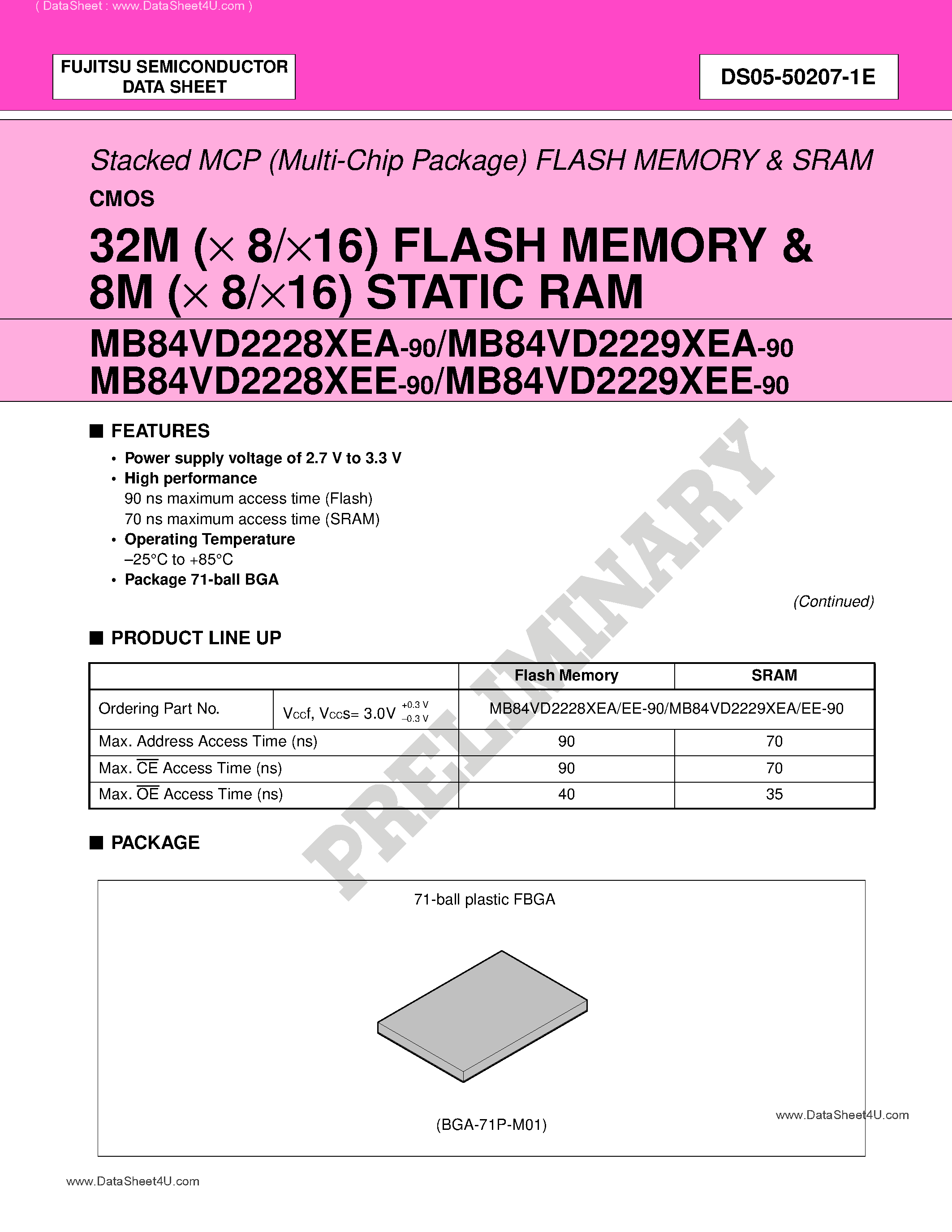 Datasheet MB84VD2228xEA - (MB84VD2228xEA/EE / MB84VD2229xEA/EE) 32M (X 8/X16) FLASH MEMORY & 8M (X 8/X16) STATIC RAM page 1