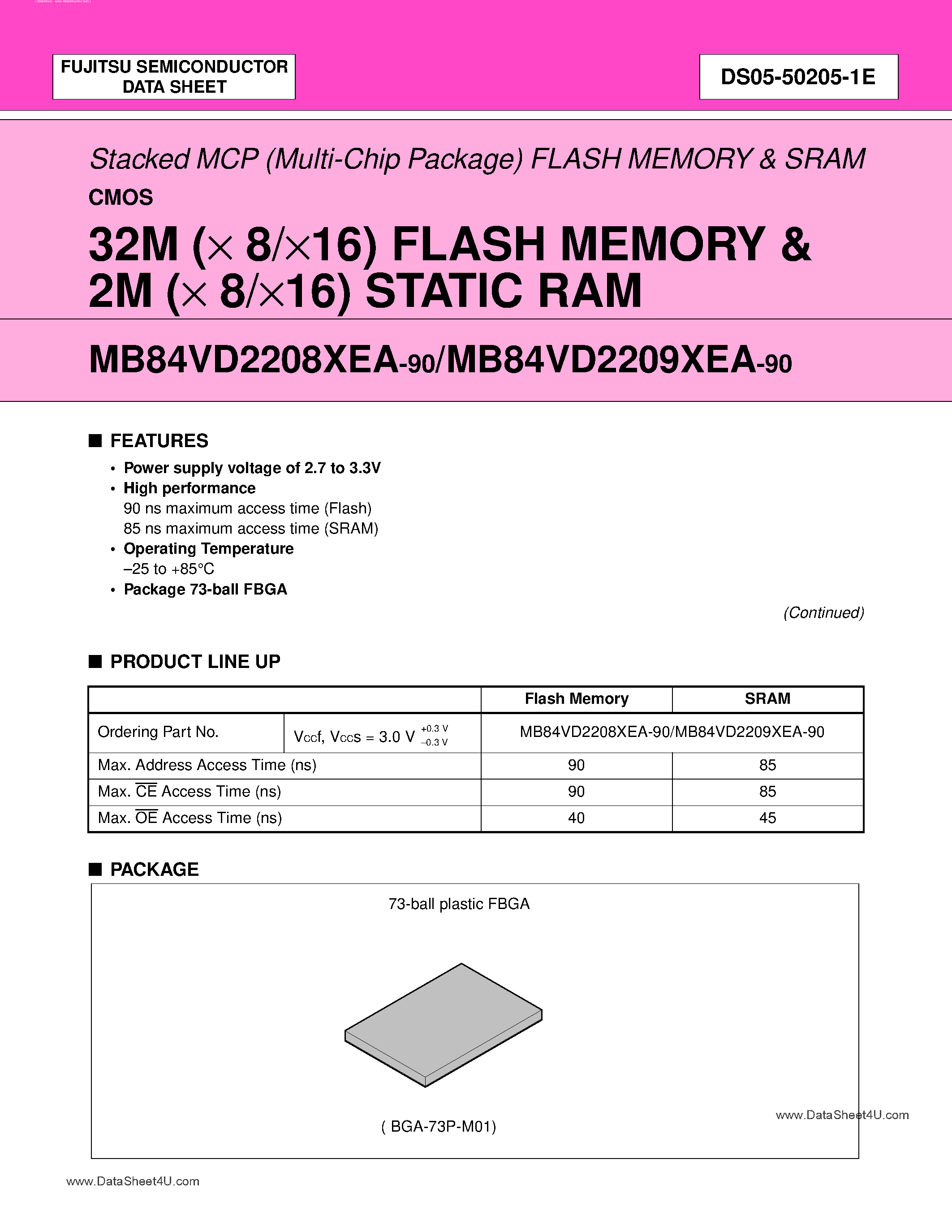 Datasheet MB84VD2208xEA - (MB84VD2208xEA / MB84VD2209xEA) 32M (X 8/X16) FLASH MEMORY & 2M (X 8/X16) STATIC RAM page 1