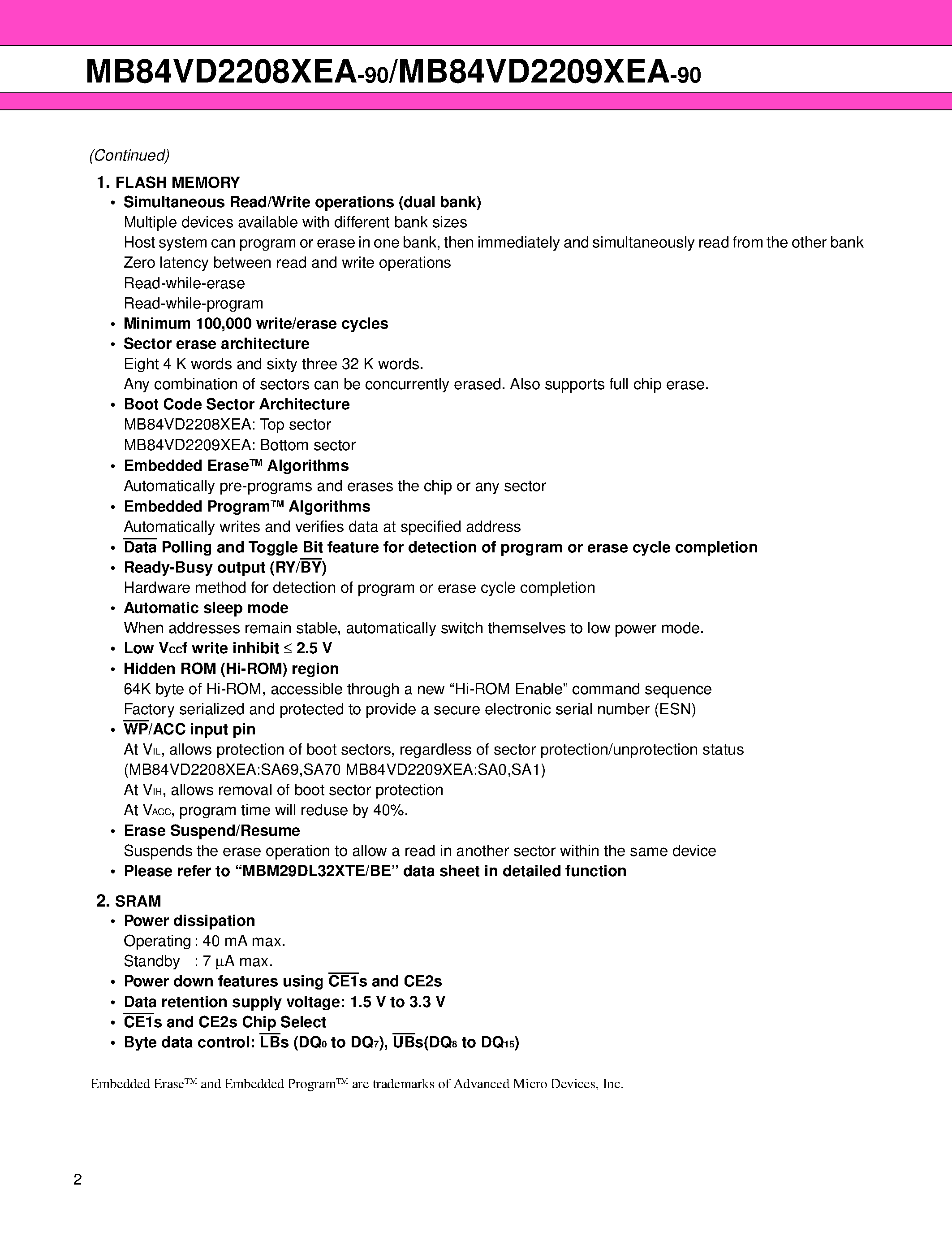 Datasheet MB84VD2208xEA - (MB84VD2208xEA / MB84VD2209xEA) 32M (X 8/X16) FLASH MEMORY & 2M (X 8/X16) STATIC RAM page 2