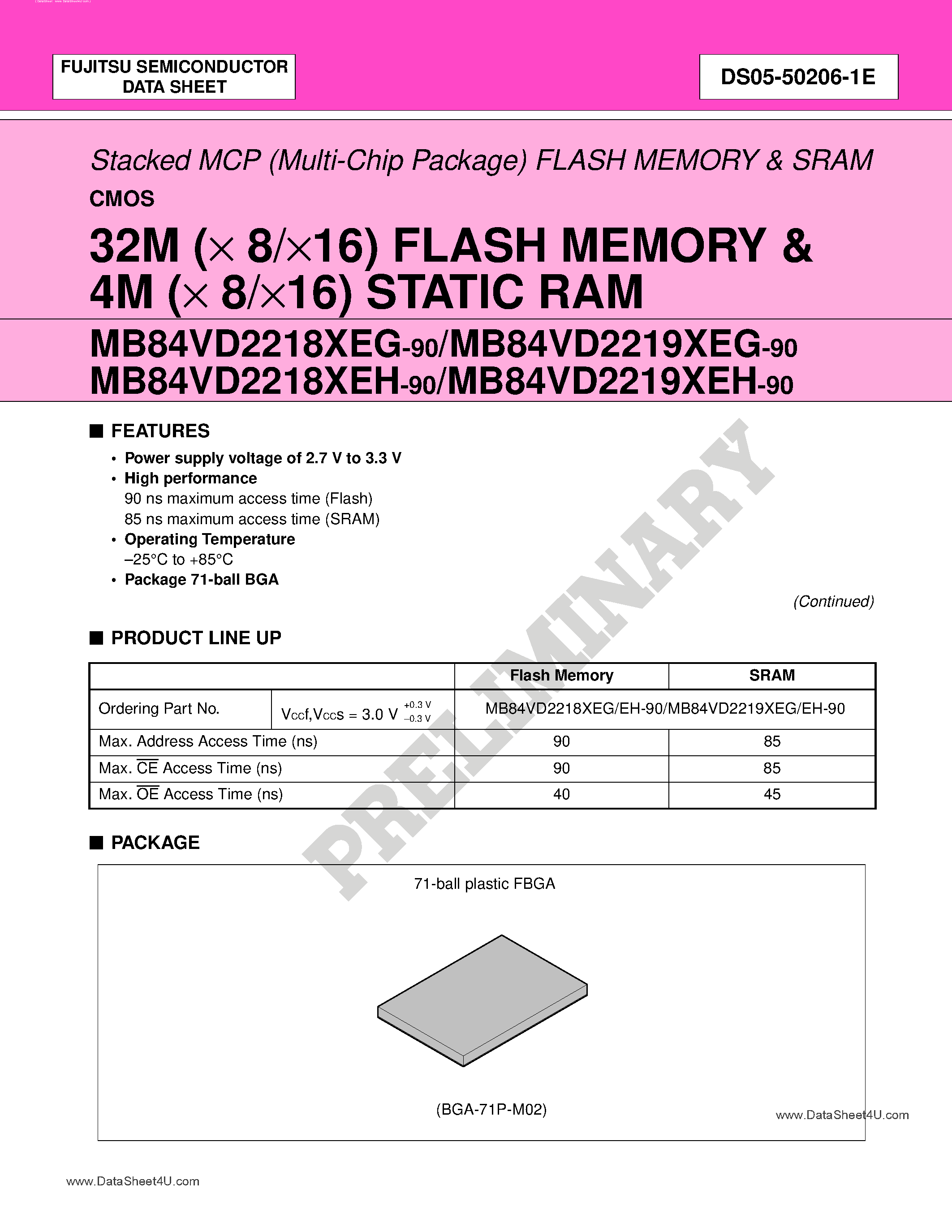 Datasheet MB84VD2218xEG - (MB84VD2218xEG/EH / MB84VD2219xEG/EH) 32M (x 8/x16) FLASH MEMORY & 4M (x 8/x16) STATIC RAM page 1