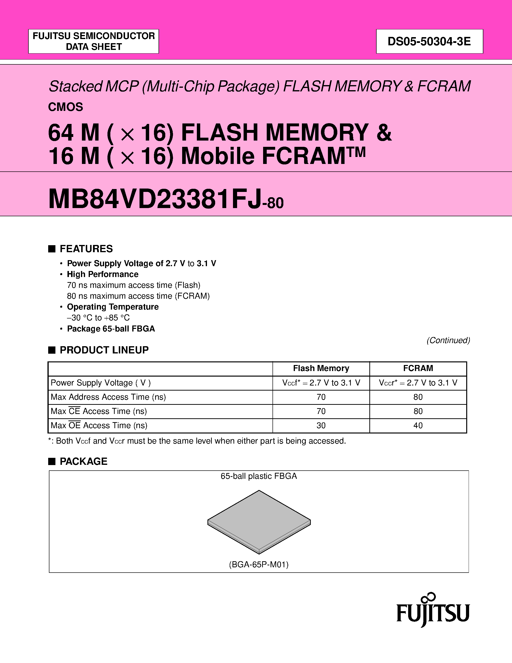 Даташит на микросхему MB84VD23381FJ страница 2 Даташит MB84VD23381FJ - Stacked MCP (Multi-Chip Package) FLASH MEMORY & FCRAM страница 2