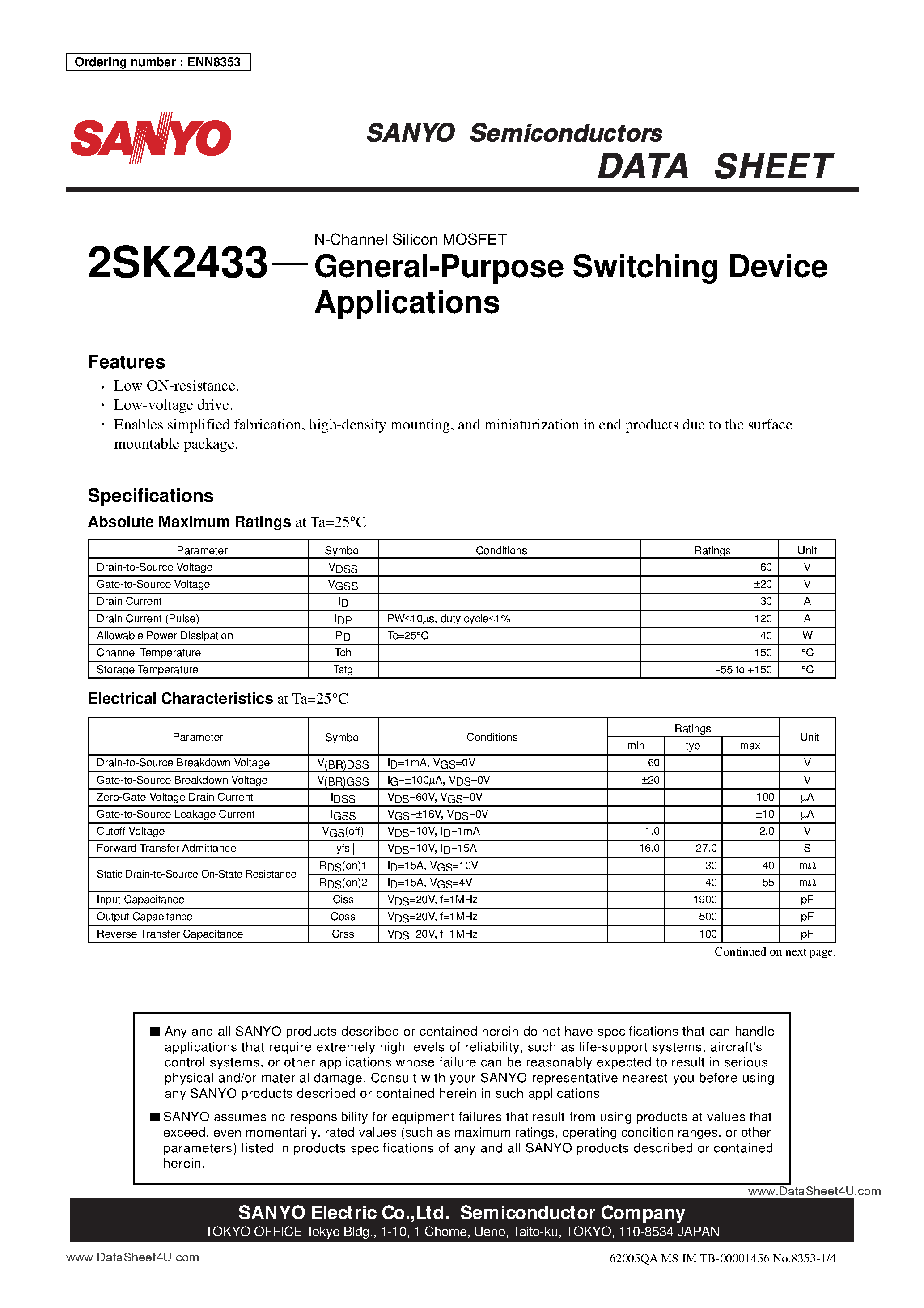 Datasheet 2SK2433 page 1 Datasheet 2SK2433 - General Purpose Switching Device Applications page 1