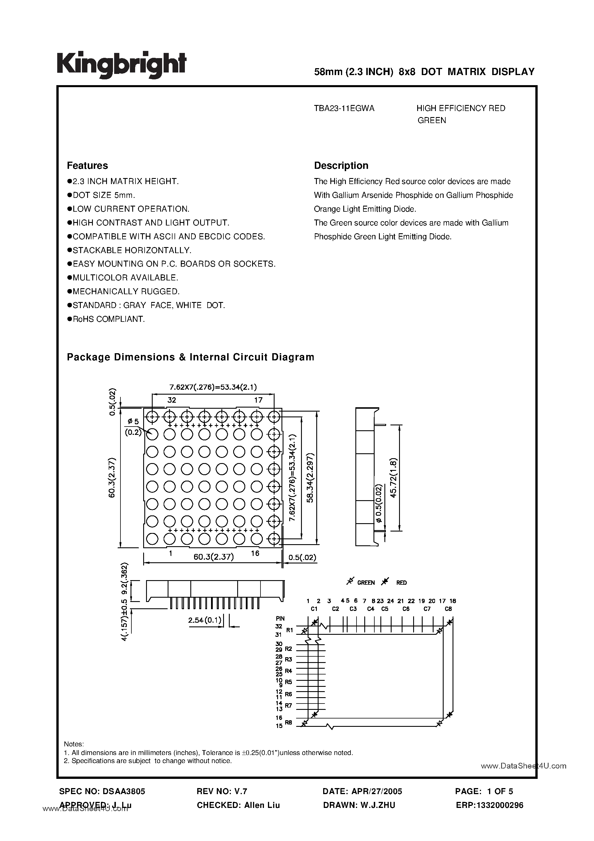 Datasheet TBA23-11EGWA - 58mm (2.3INCH) 8x8 DOT MATRIX DISPLAY page 1