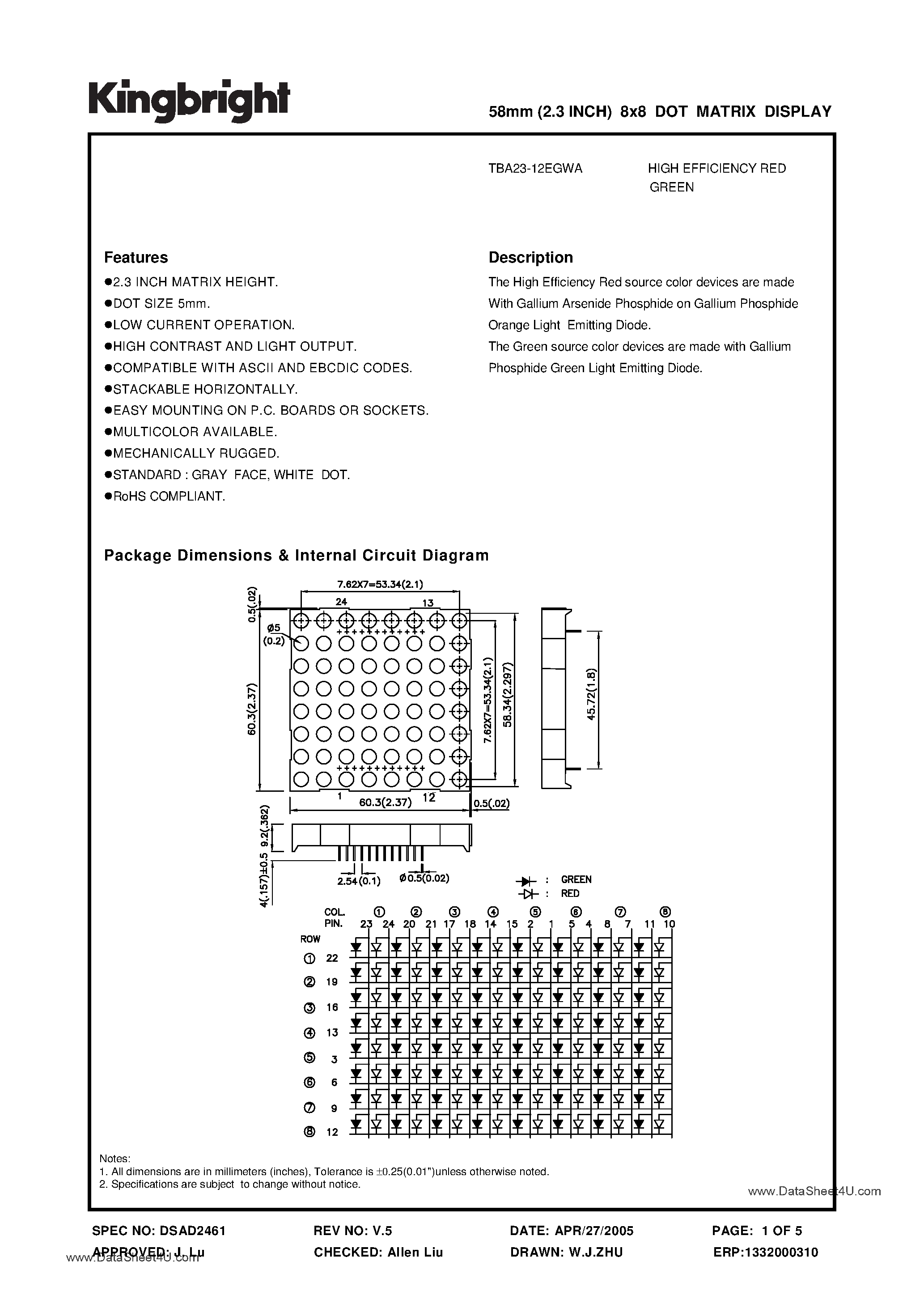 Datasheet TBA23-12EGWA - 58mm (2.3INCH) 8x8 DOT MATRIX DISPLAY page 1