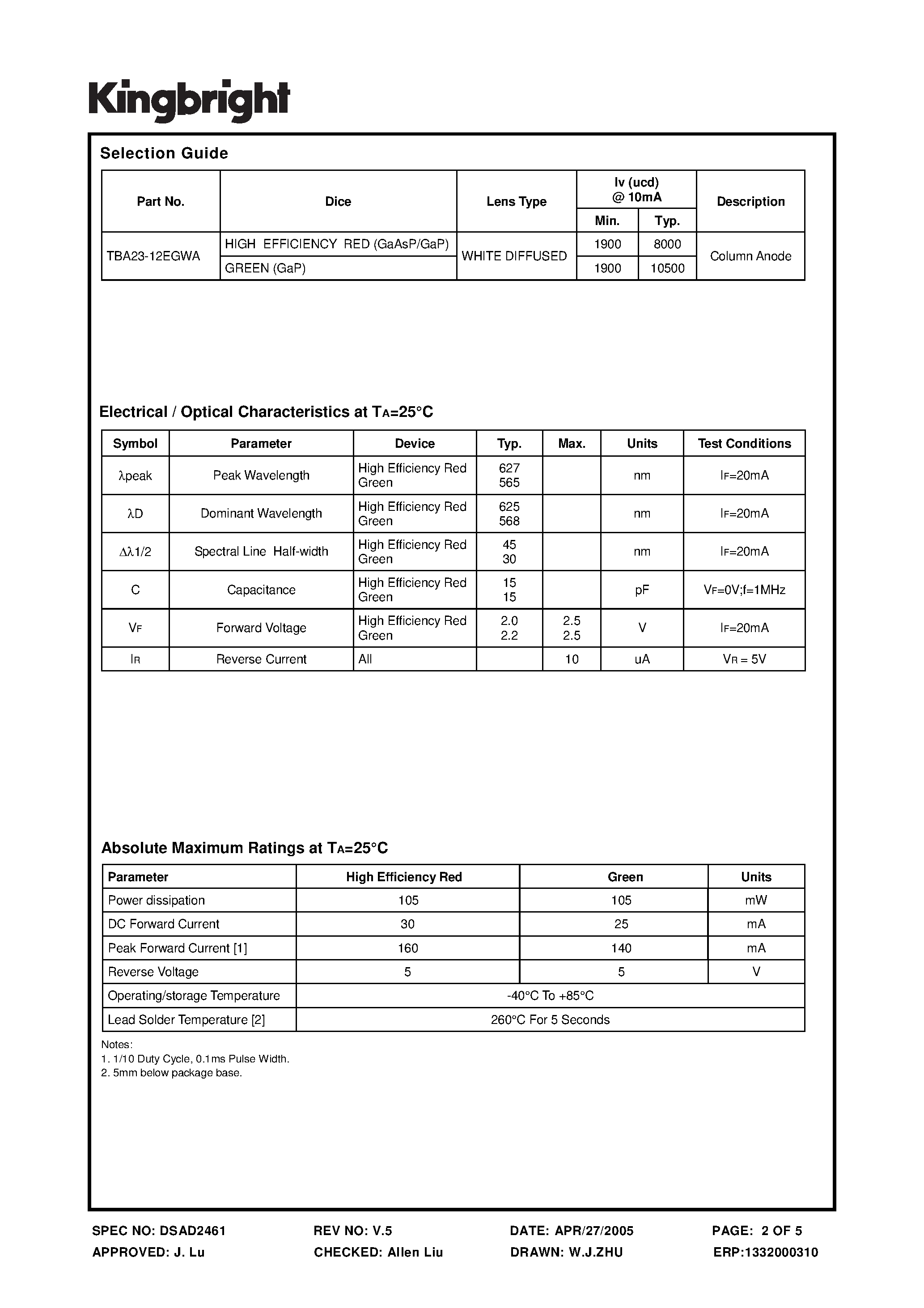 Datasheet TBA23-12EGWA - 58mm (2.3INCH) 8x8 DOT MATRIX DISPLAY page 2