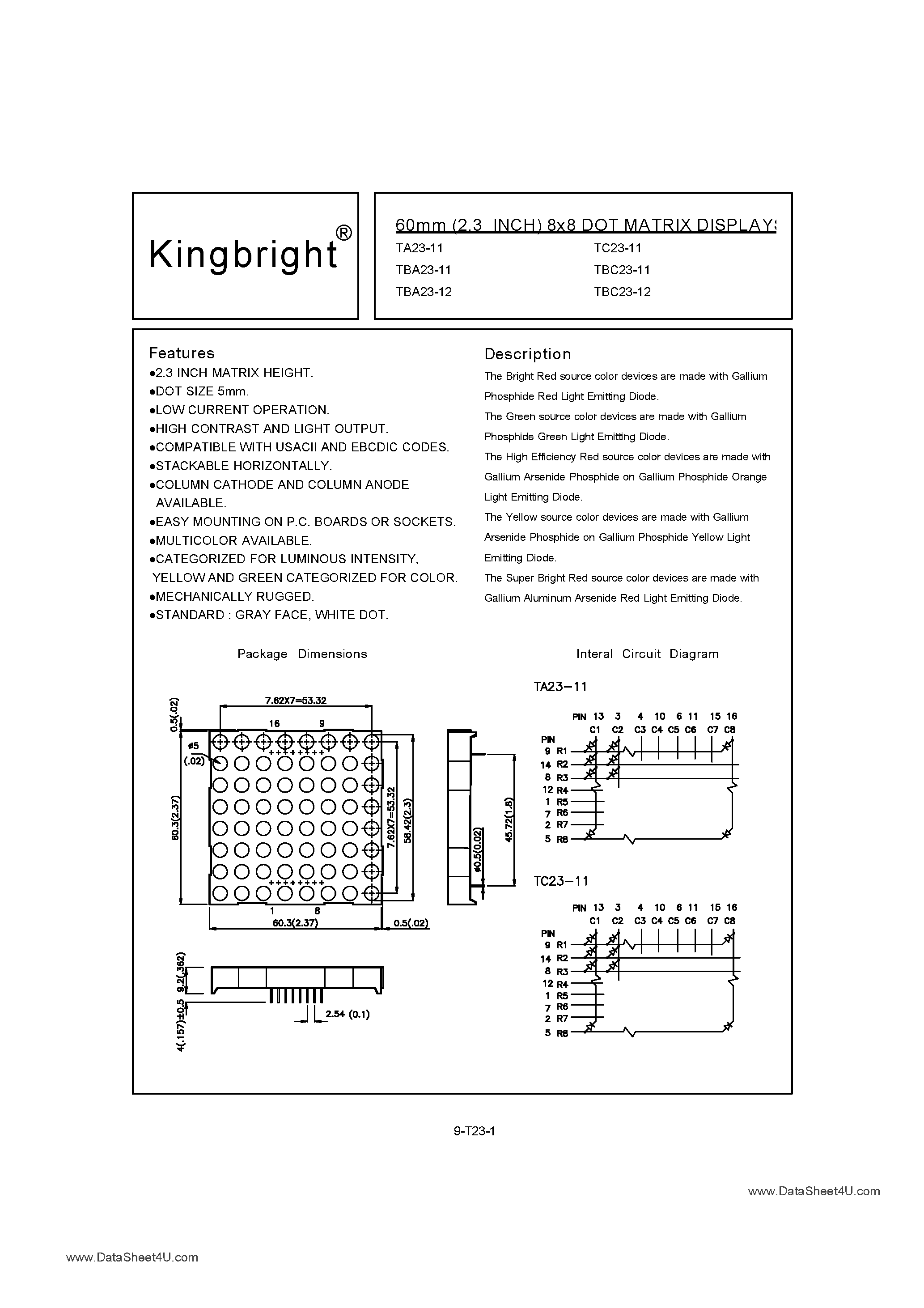 Datasheet TBA23-11HGWA - 60mm (2.3INCH) 8x8 DOT MATRIX DISPLAY page 1