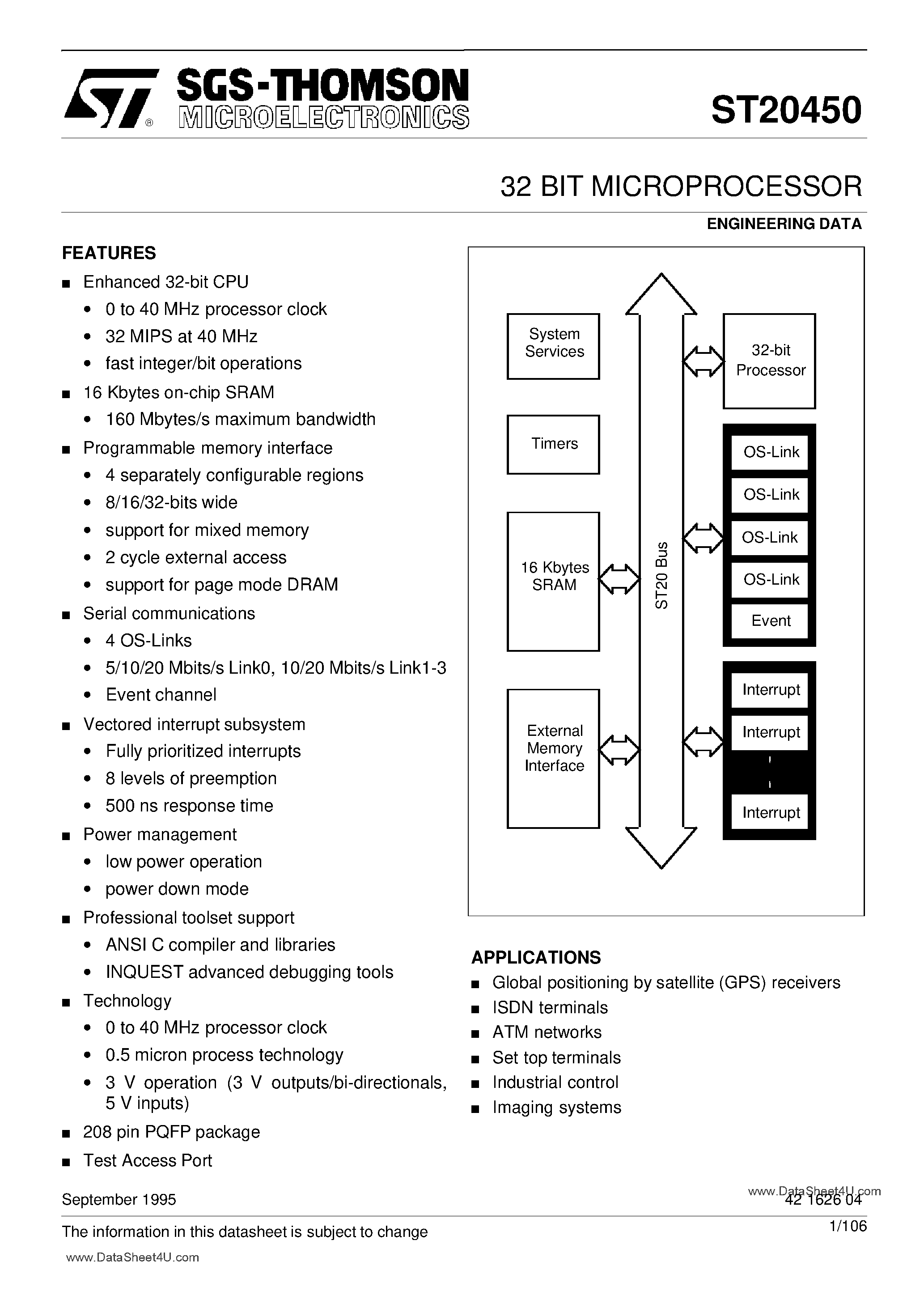 Datasheet ST20450 page 1 Datasheet ST20450 - 32-BIT MICROPROCESSOR page 1