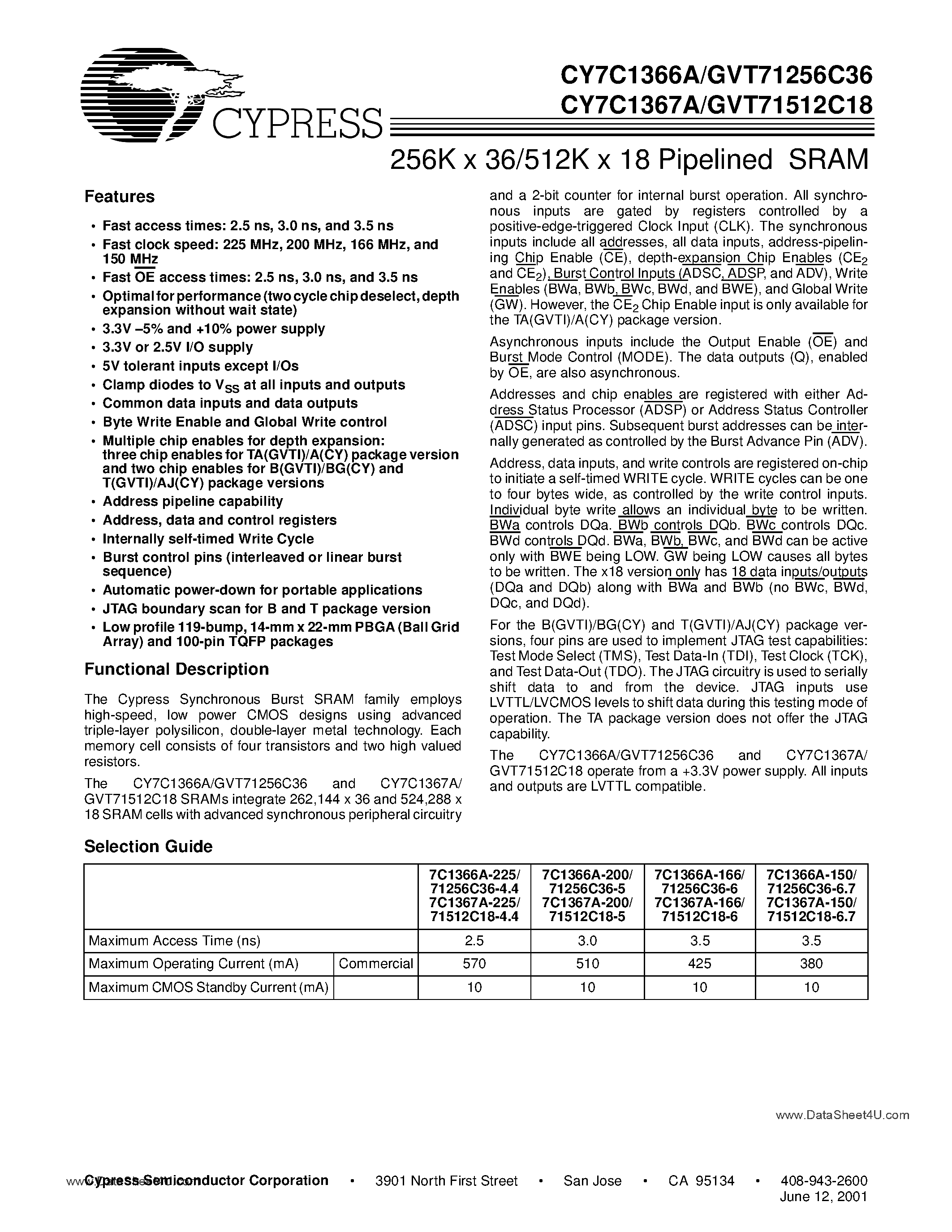 Datasheet GVT71256C36 - (GVT7xxxx) 256K X 36/512K X 18 Pipelined SRAM page 1