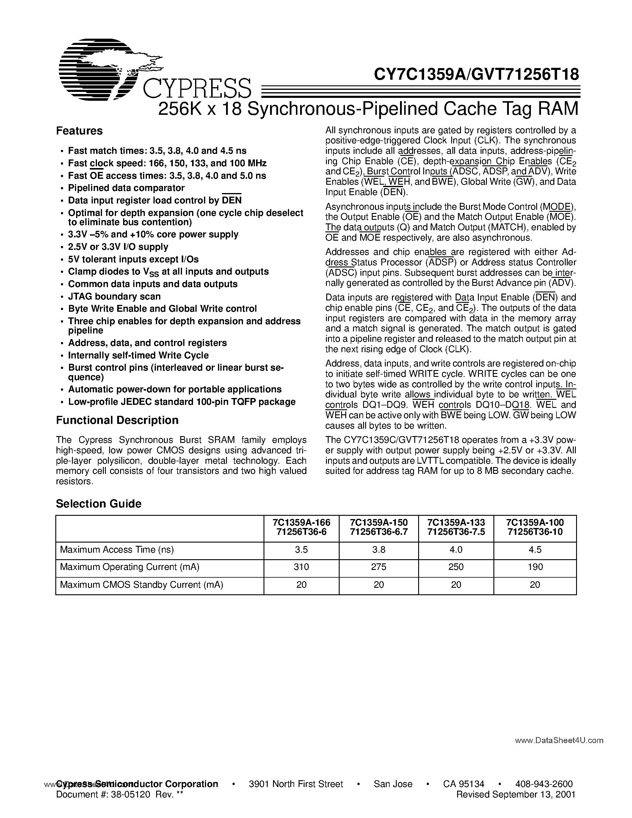 Даташит GVT71256T18 - (GVT71256T18 / GVT7C1359A) 256K X 18 Synchronous-pipelined Cache Tag RAM страница 1