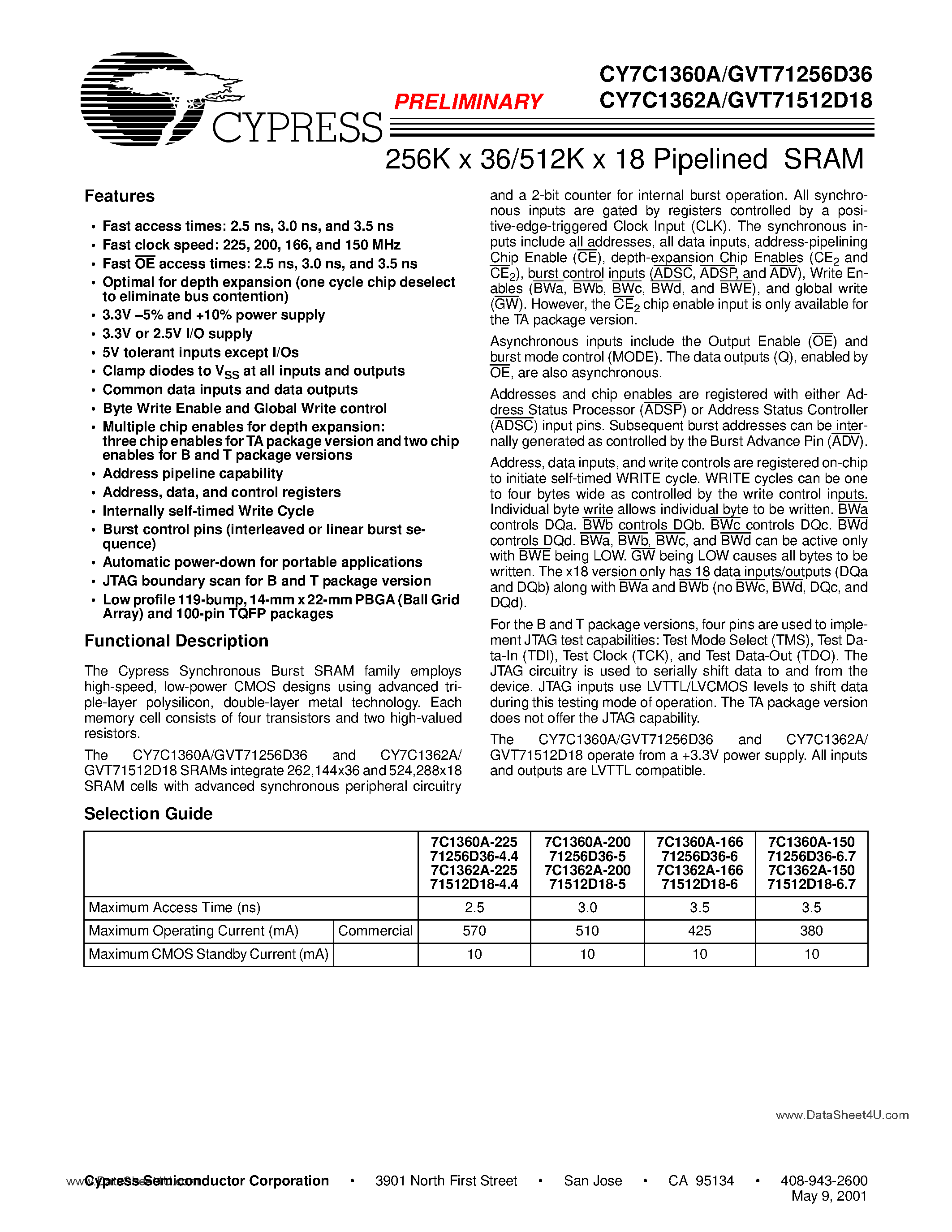 Datasheet GVT71256D36 - (GVT7xxxx) 256K x 36 / 512K x 18 Pipelined SRAM page 1