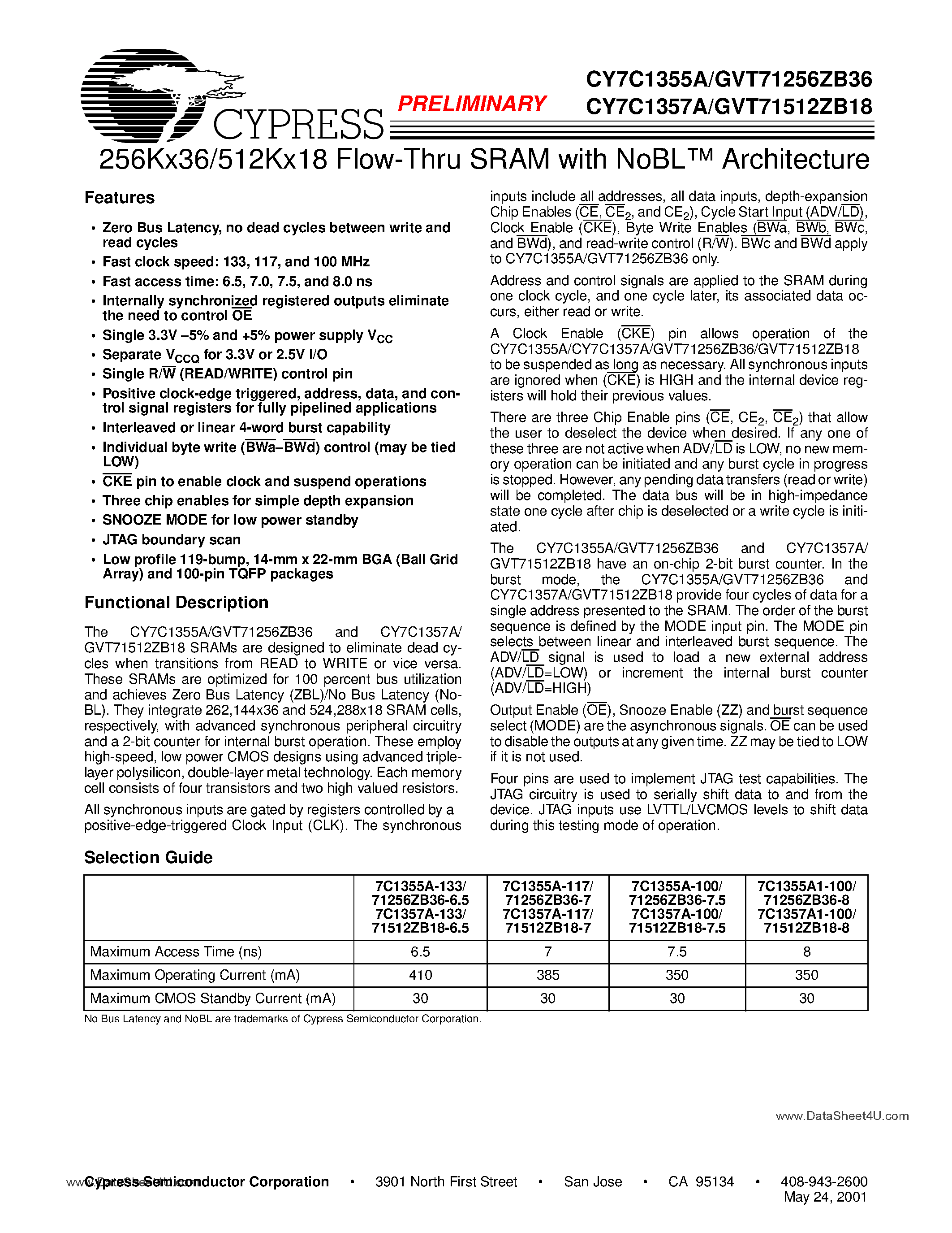 Datasheet GVT71256ZB36 - (GVT7xxxx) 256K x 36 / 512K x 18 Flow Thru SRAM page 1