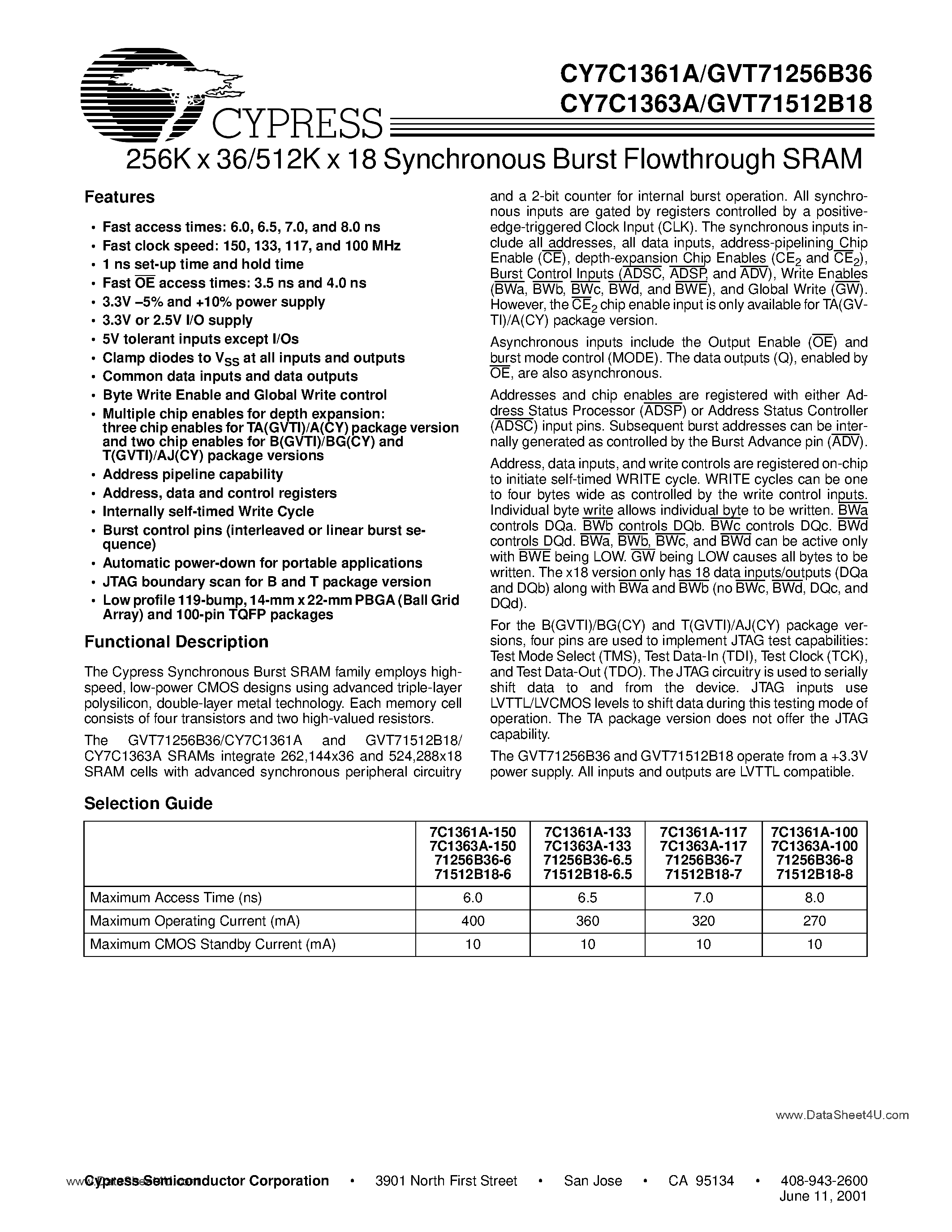 Datasheet GVT71256B36 - (GVT7xxxx) 256K x 36 / 512K x 18 Sunchronous Burse Flowthrough SRAM page 1