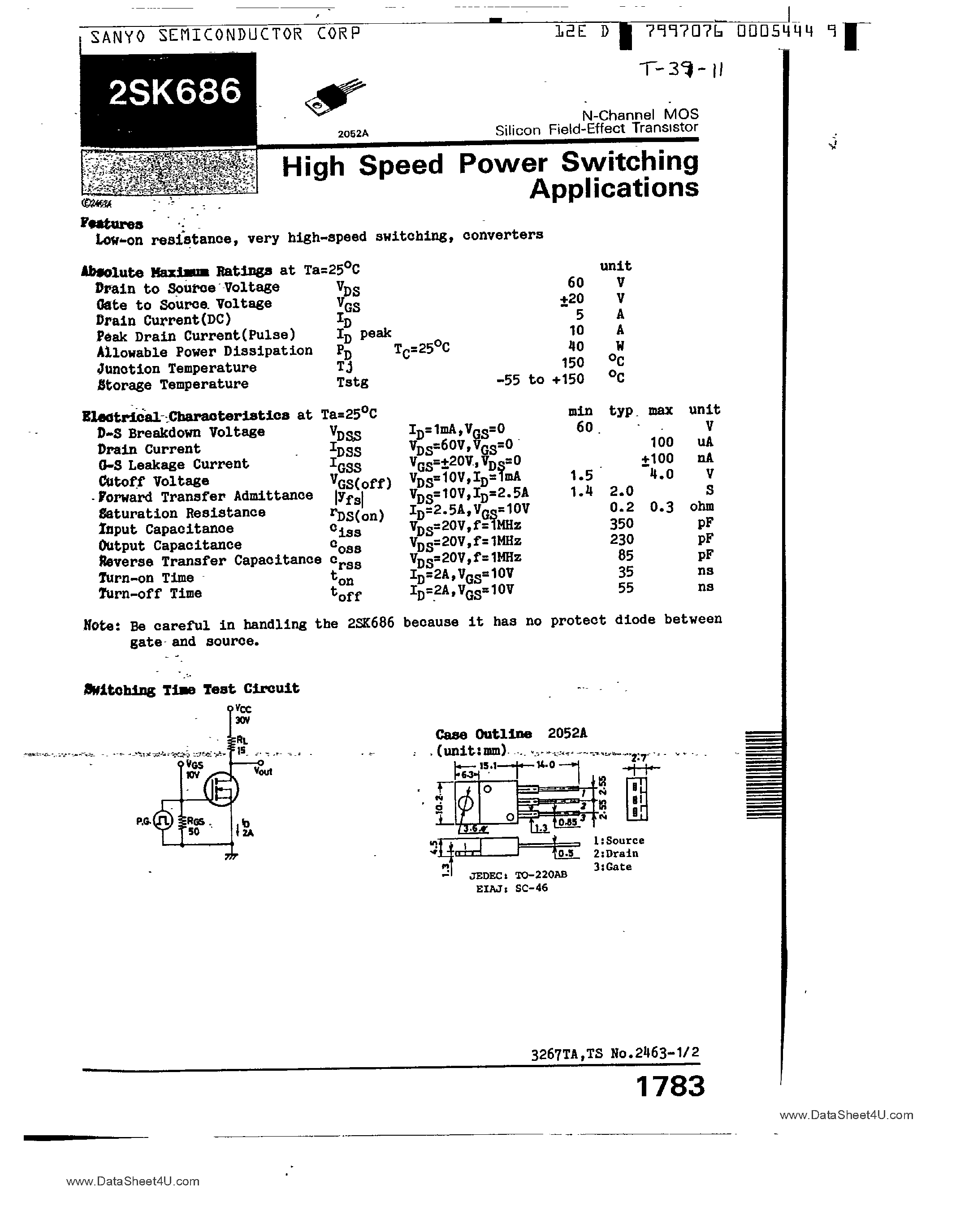 Datasheet 2SK686 - High Speed Power Switching Applications page 1