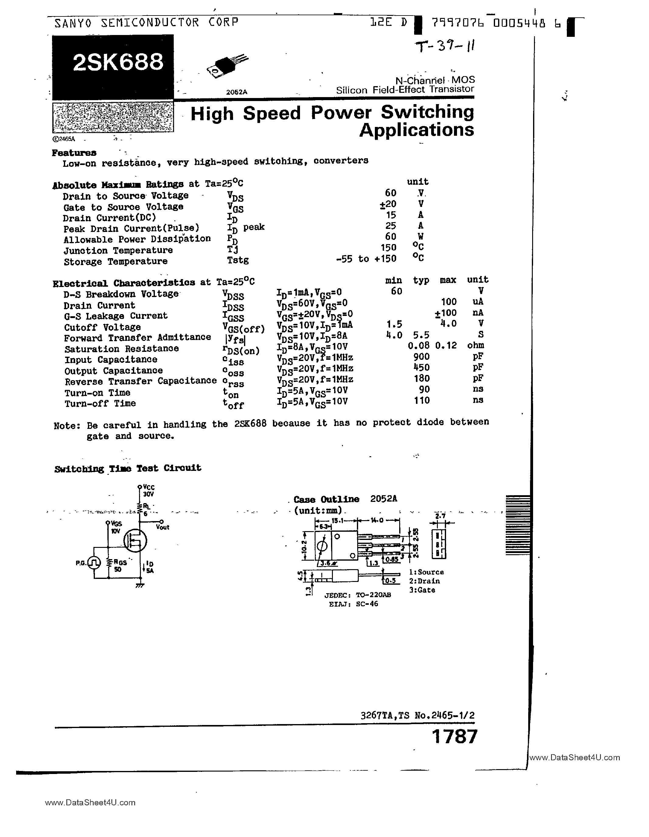 Datasheet 2SK688 - High Speed Power Switching Applications page 1