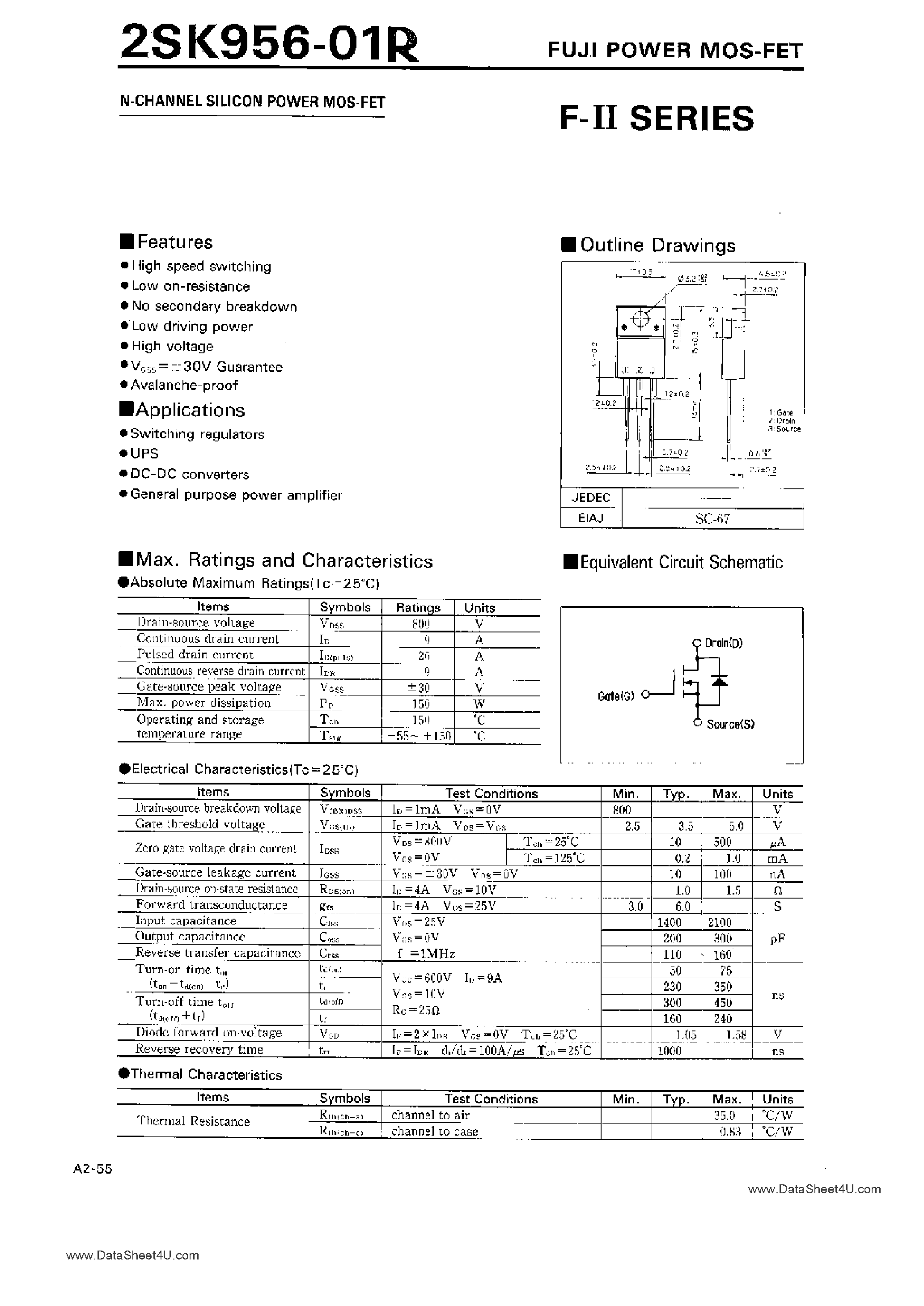 Datasheet 2SK956-01R page 1 Datasheet 2SK956-01R - N-CHANNEL SILICON POWER MOS-FET page 1