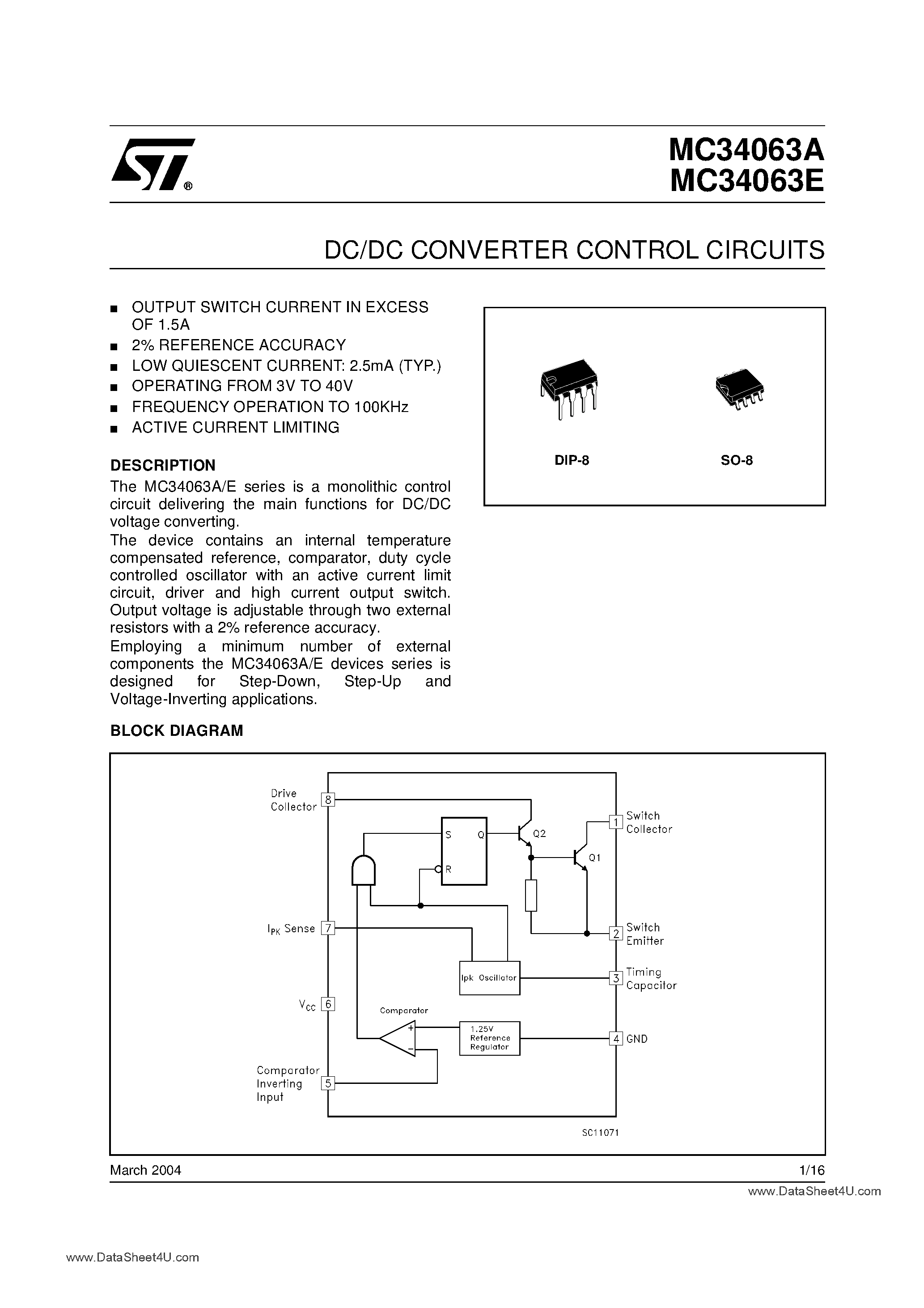 Datasheet MC34063E - DC/DC Converter Contolr Circuits page 1