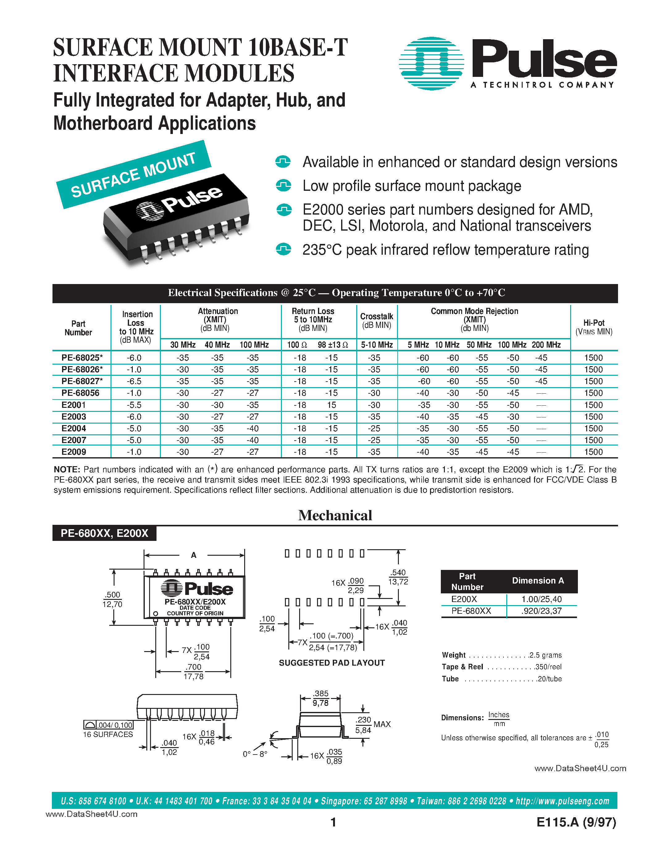 Datasheet PE-68025 page 1 Datasheet PE-68025 - (PE-680xx) SURFACE MOUNT 10BASE-T INTERFACE MODULES page 1