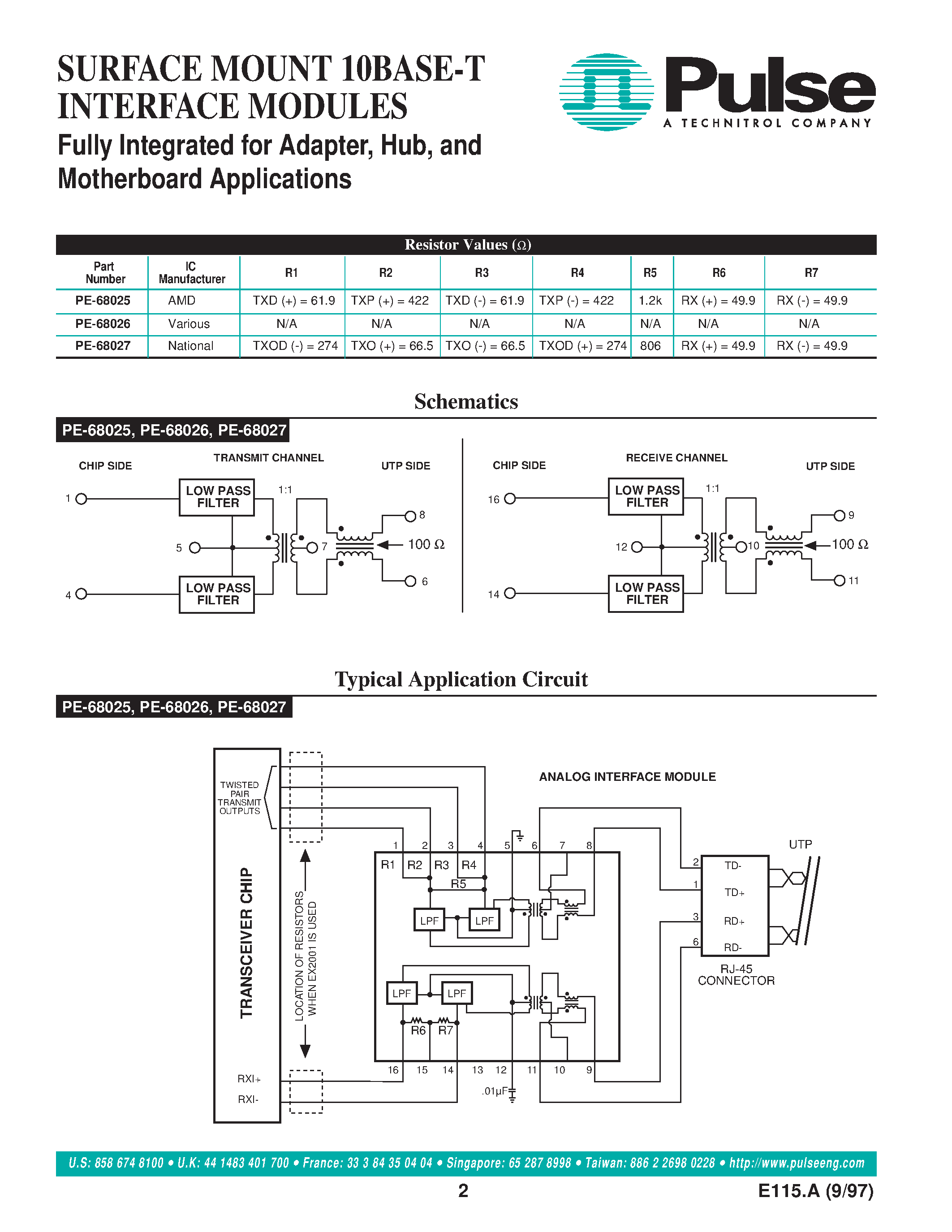 Datasheet PE-68025 page 2 Datasheet PE-68025 - (PE-680xx) SURFACE MOUNT 10BASE-T INTERFACE MODULES page 2