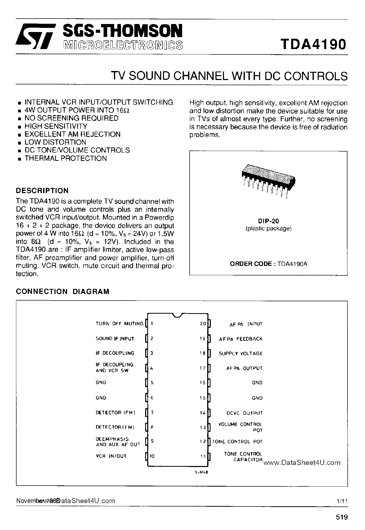 Datasheet TDA4190 - TV SOUND CHANNEL WITH DC CONTROLS page 1
