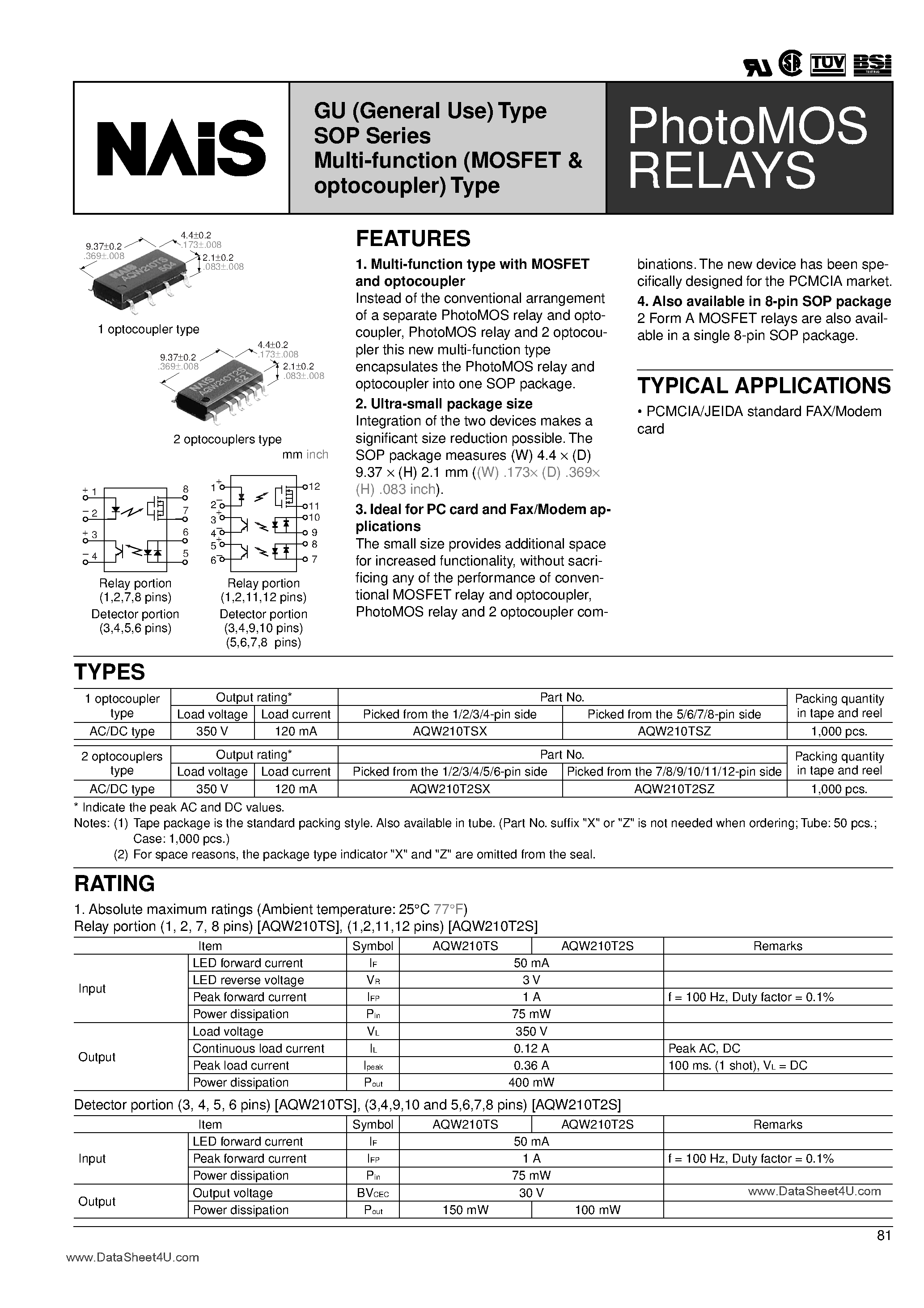 Datasheet AQW210T2S page 1 Datasheet AQW210T2S - (AQW210TS / AQW210T2S) Photo MOS Relays page 1